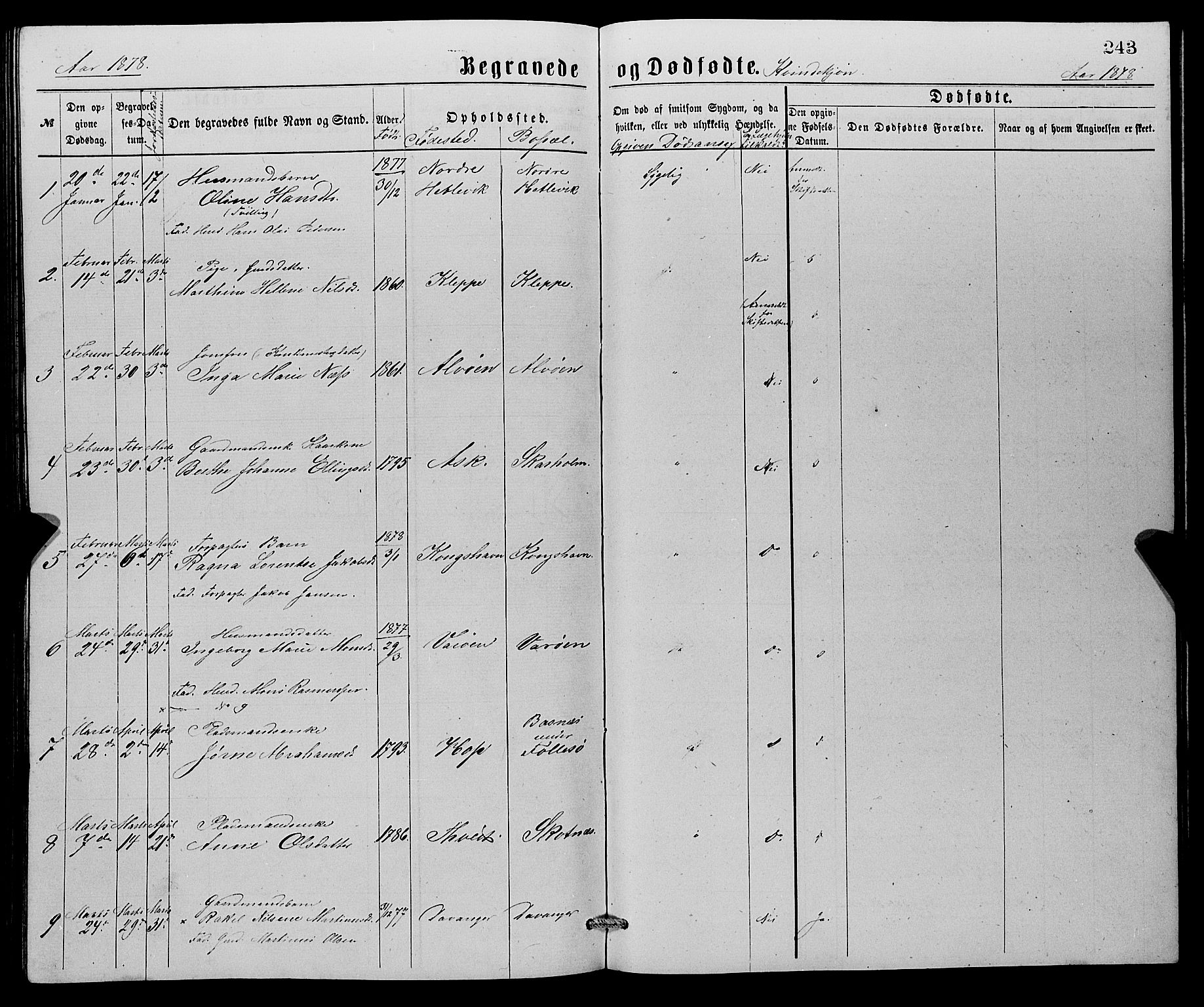 Askøy Sokneprestembete, AV/SAB-A-74101/H/Ha/Hab/Haba/L0007: Klokkerbok nr. A 7, 1871-1881, s. 243