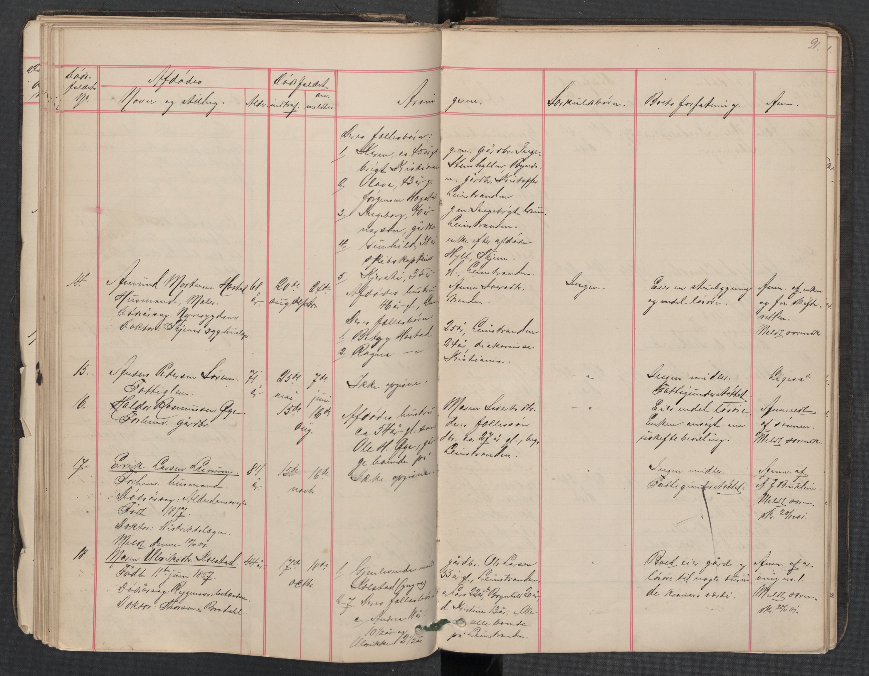 Leinstrand lensmannskontor, AV/SAT-A-1060/1/02/L0002: 02.01.02 Dødsfallsprotokoll, 1890-1911, s. 91