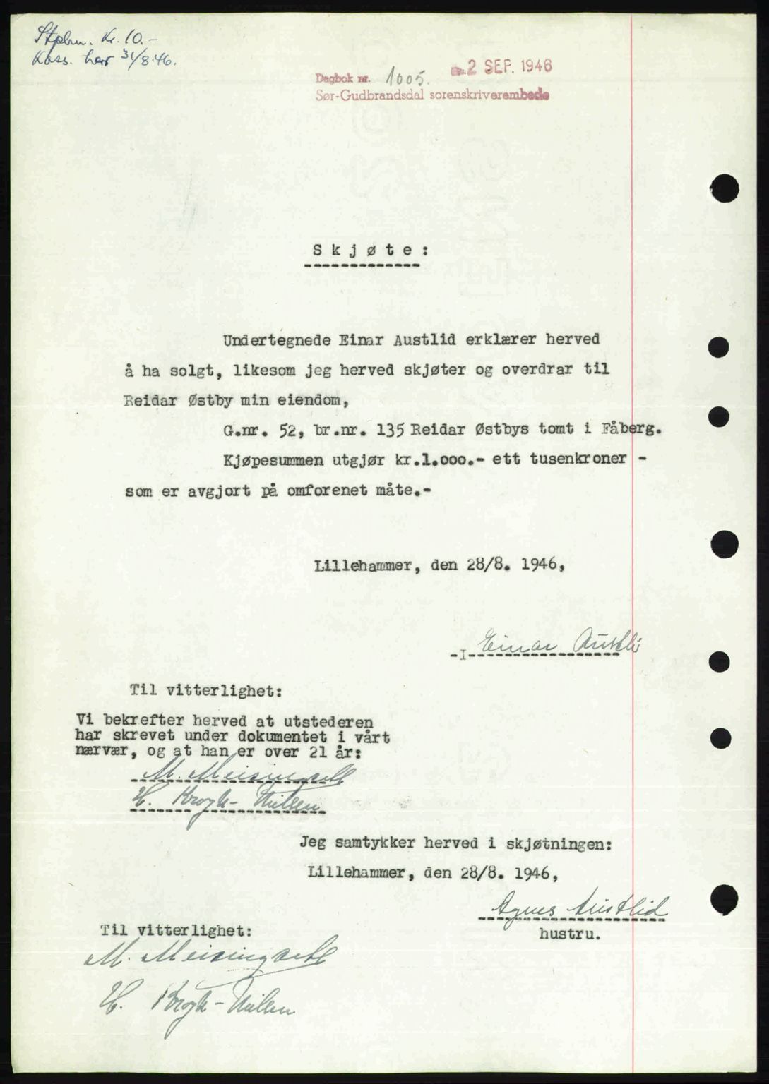 Sør-Gudbrandsdal tingrett, SAH/TING-004/H/Hb/Hbd/L0016: Pantebok nr. A16, 1946-1946, Dagboknr: 1005/1946