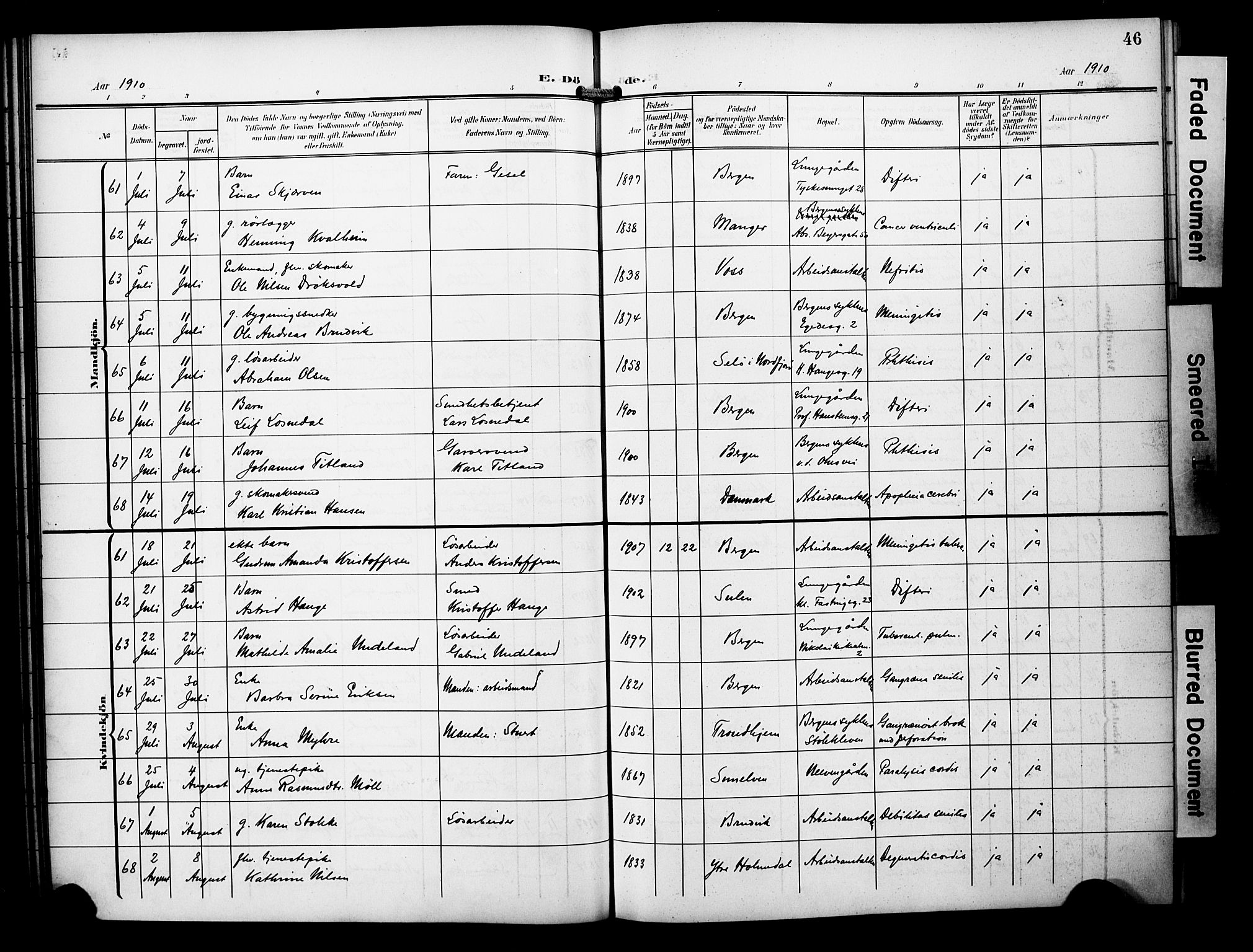 Bergen kommunale pleiehjem - stiftelsespresten, AV/SAB-A-100281: Ministerialbok nr. A 6, 1908-1920, s. 46