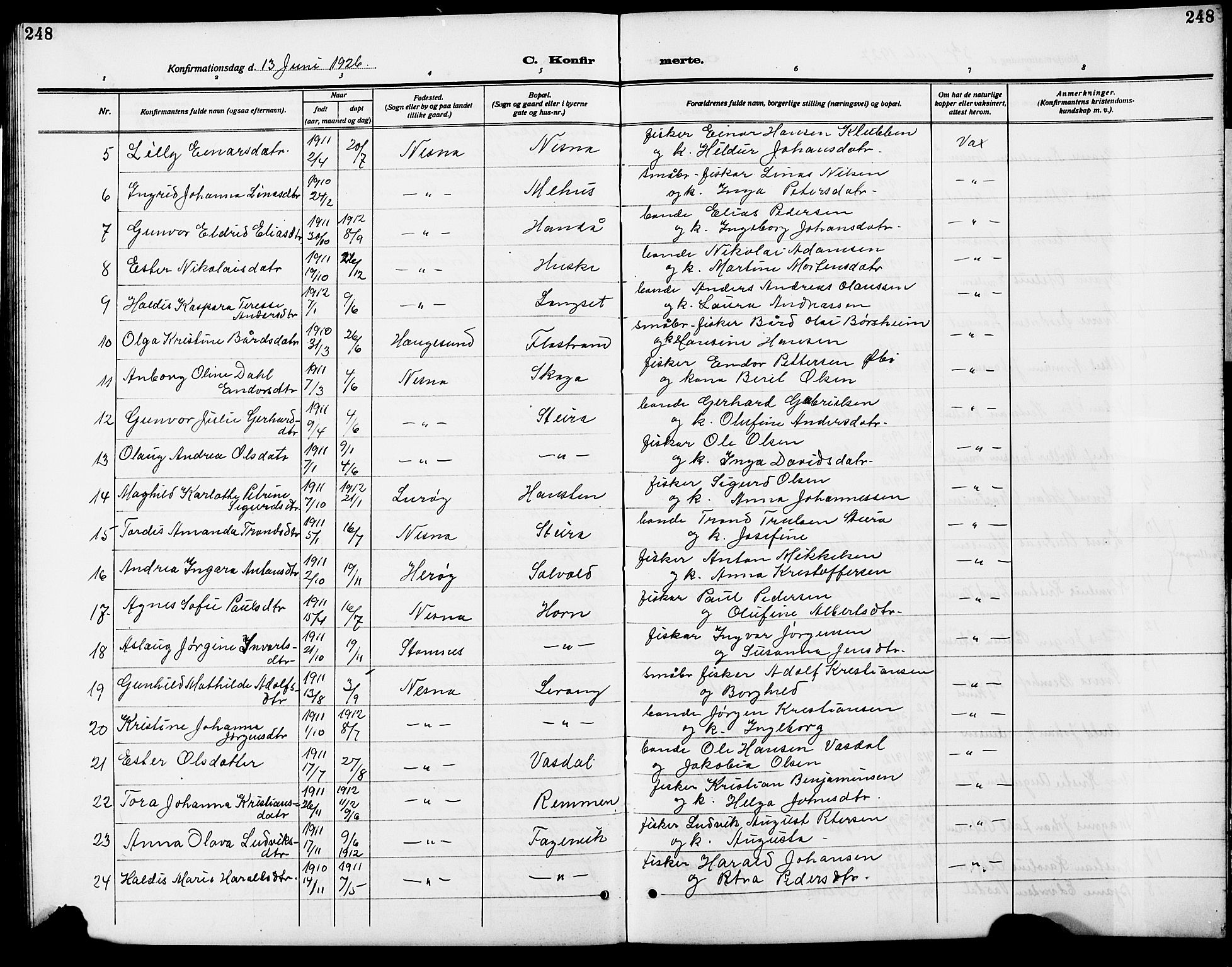 Ministerialprotokoller, klokkerbøker og fødselsregistre - Nordland, AV/SAT-A-1459/838/L0560: Klokkerbok nr. 838C07, 1910-1928, s. 248