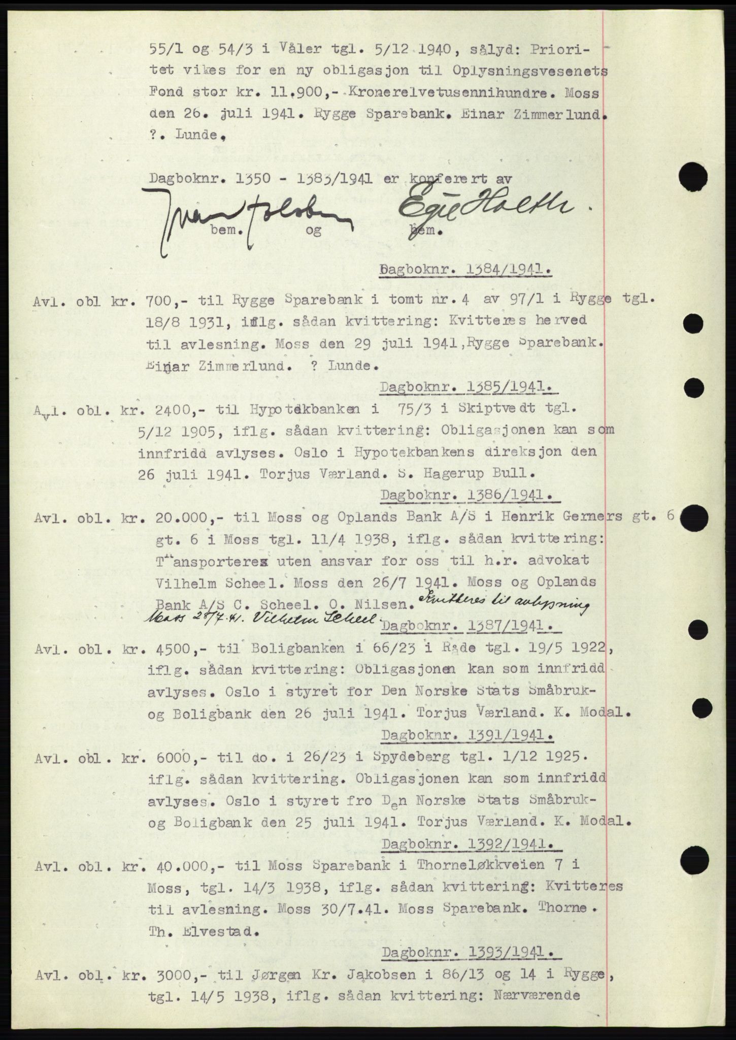 Moss sorenskriveri, SAO/A-10168: Pantebok nr. C10, 1938-1950, Dagboknr: 1384/1941