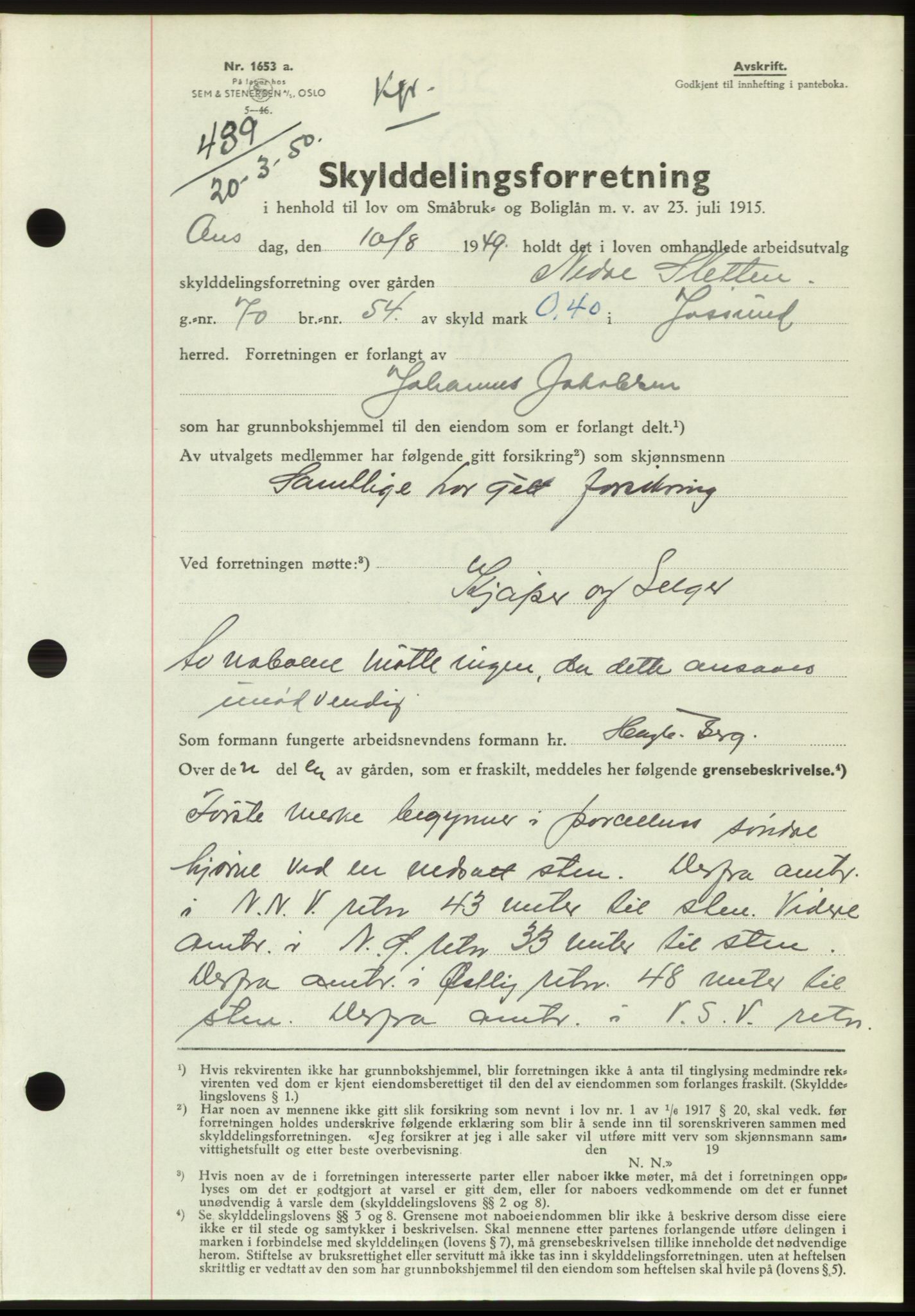 Fosen sorenskriveri, AV/SAT-A-1107/1/2/2C: Pantebok nr. A11, 1950-1950, Dagboknr: 439/1950