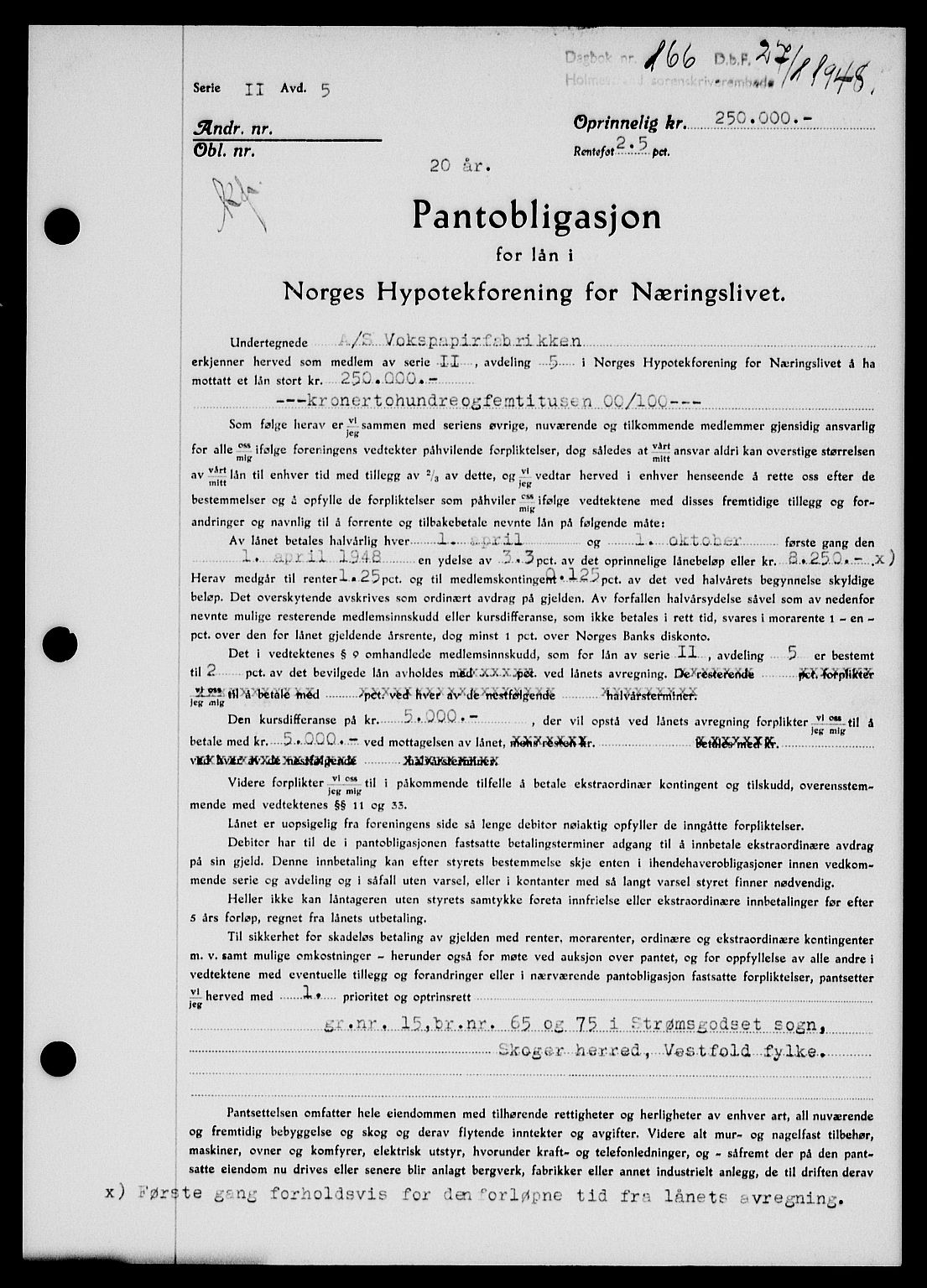 Holmestrand sorenskriveri, SAKO/A-67/G/Ga/Gab/L0058: Pantebok nr. B-58, 1947-1948, Dagboknr: 166/1948