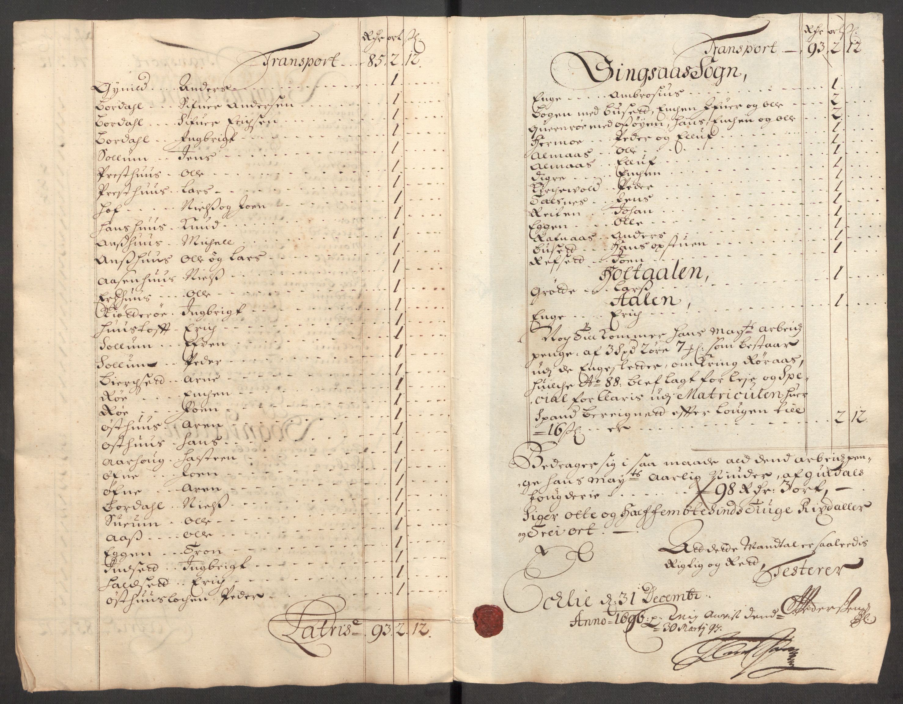 Rentekammeret inntil 1814, Reviderte regnskaper, Fogderegnskap, AV/RA-EA-4092/R60/L3946: Fogderegnskap Orkdal og Gauldal, 1696, s. 377