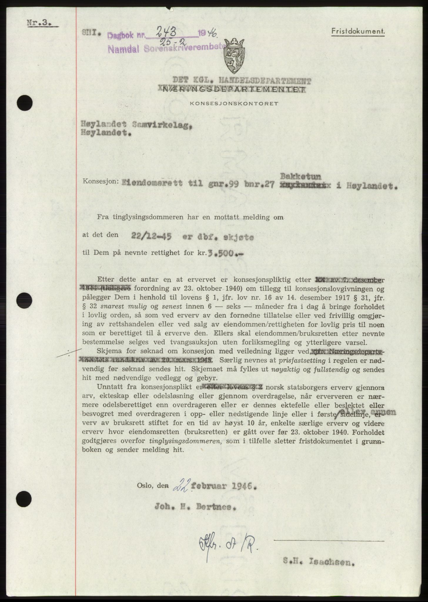 Namdal sorenskriveri, SAT/A-4133/1/2/2C: Pantebok nr. -, 1946-1946, Dagboknr: 243/1946