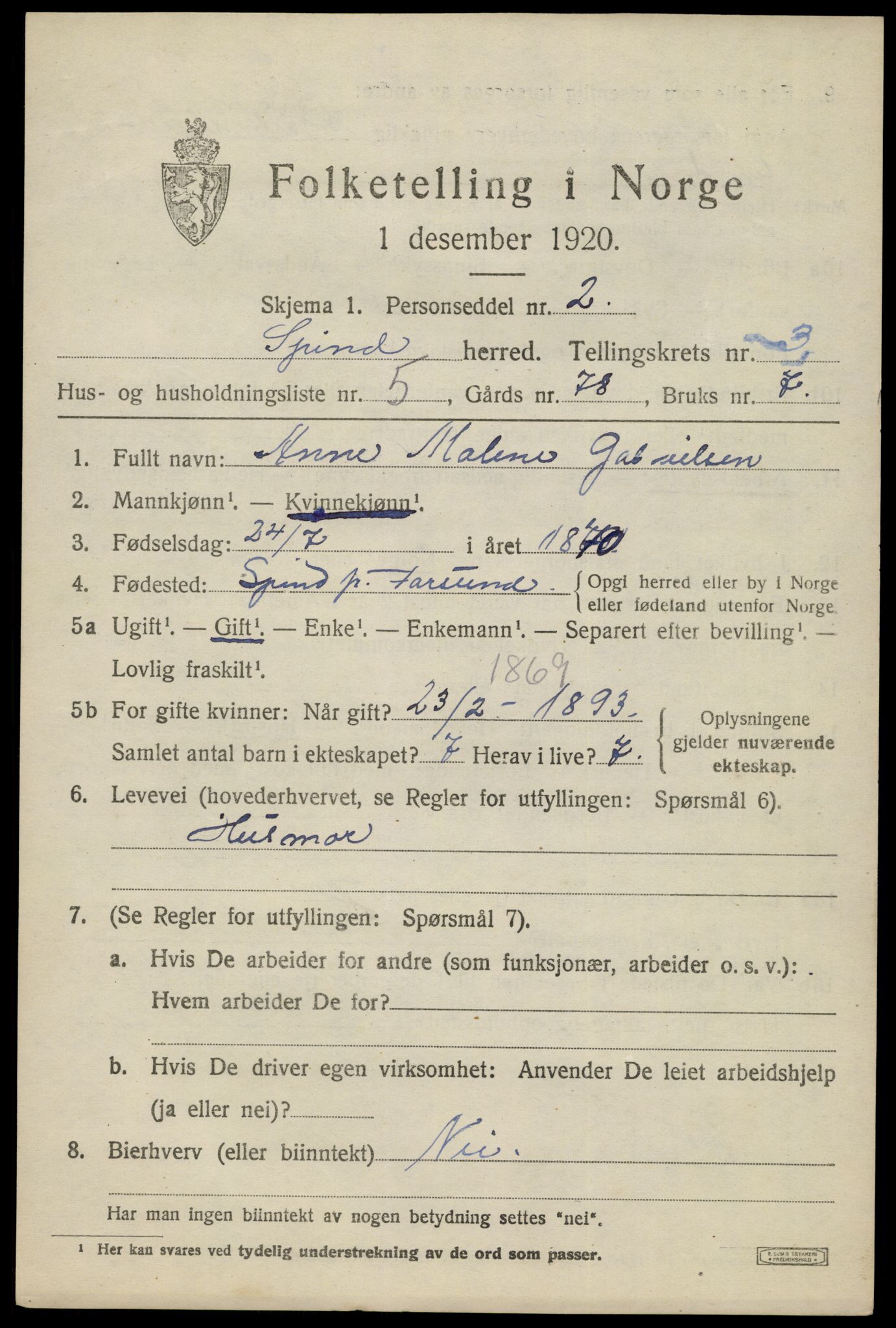 SAK, Folketelling 1920 for 1040 Spind herred, 1920, s. 1663