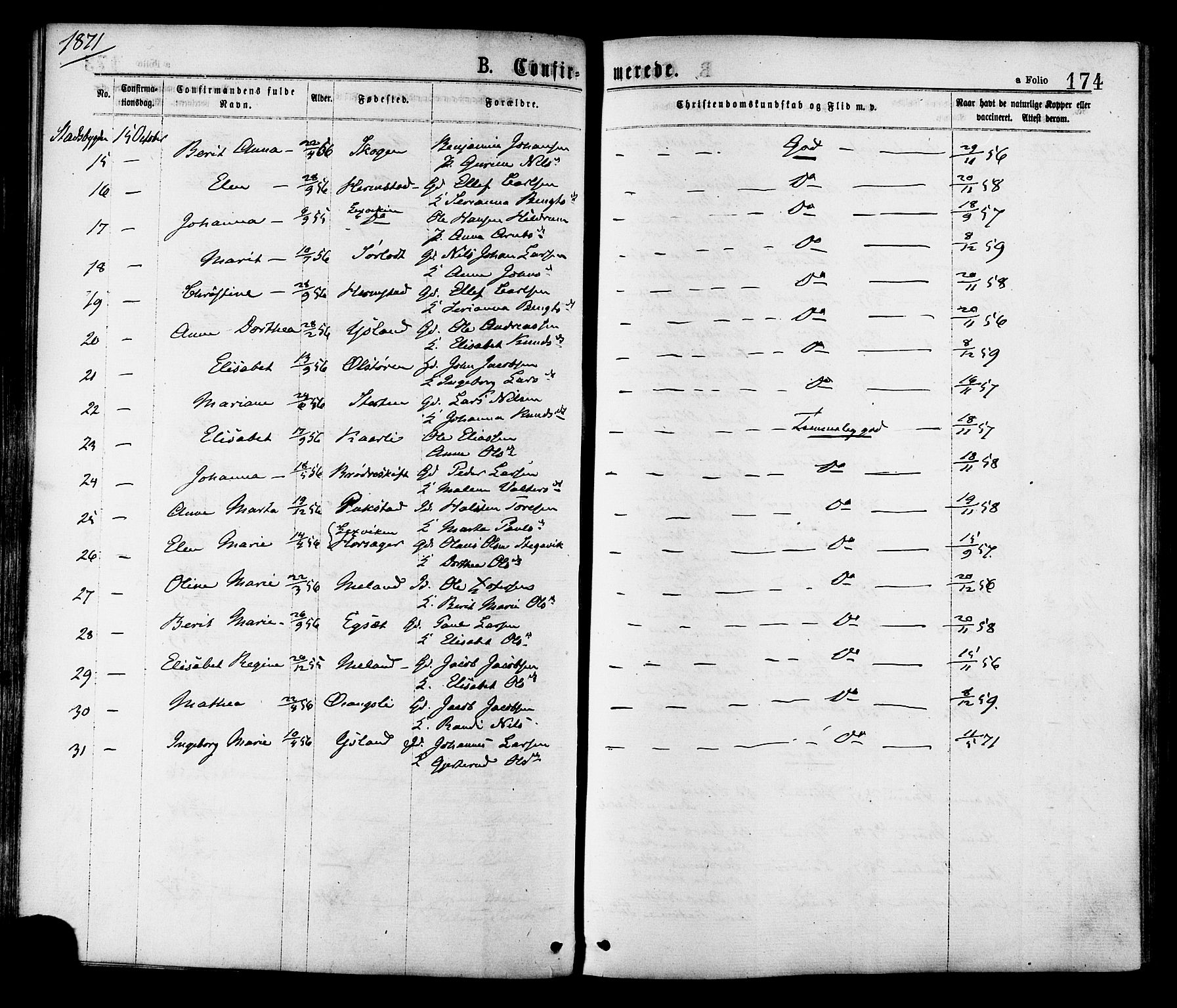 Ministerialprotokoller, klokkerbøker og fødselsregistre - Sør-Trøndelag, AV/SAT-A-1456/646/L0613: Ministerialbok nr. 646A11, 1870-1884, s. 174