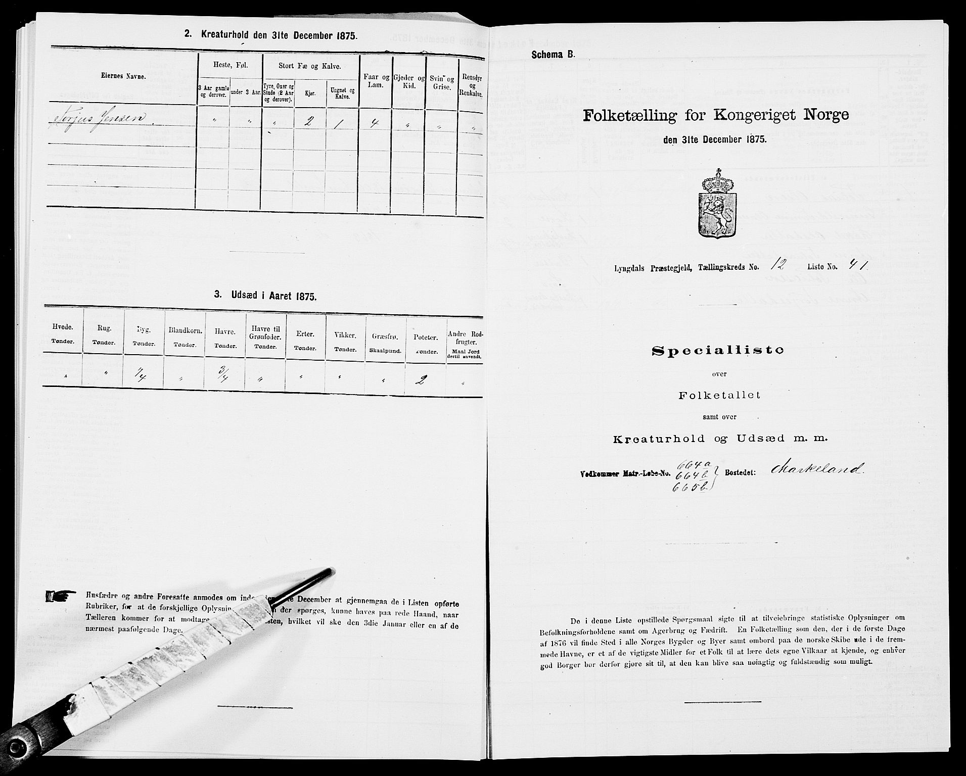 SAK, Folketelling 1875 for 1032P Lyngdal prestegjeld, 1875, s. 1941