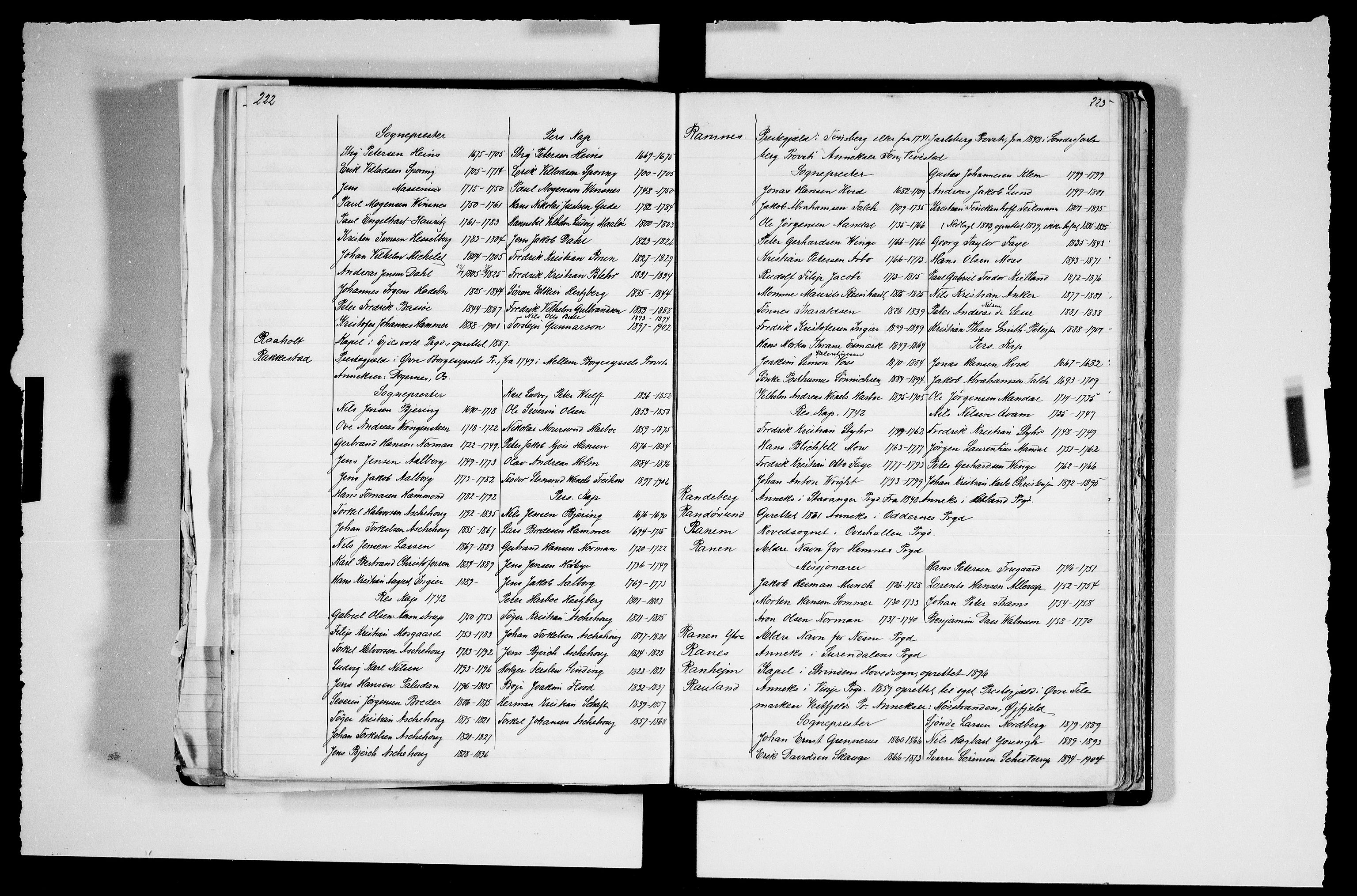 Manuskriptsamlingen, RA/EA-3667/F/L0111a: Schiørn, Fredrik; Den norske kirkes embeter og prester 1700-1900, Embeter, 1700-1900, s. 222-223