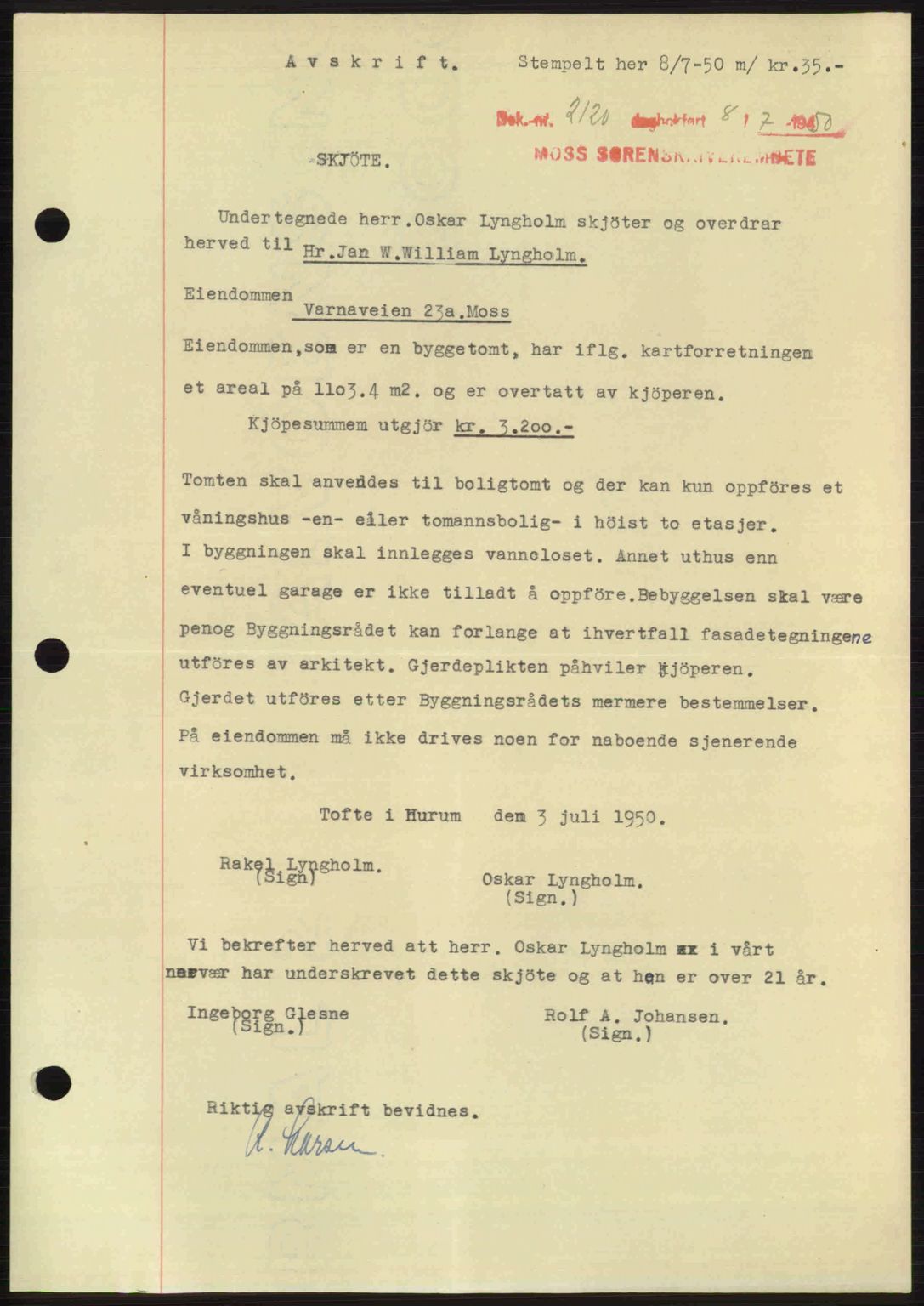 Moss sorenskriveri, SAO/A-10168: Pantebok nr. A26, 1950-1950, Dagboknr: 2120/1950