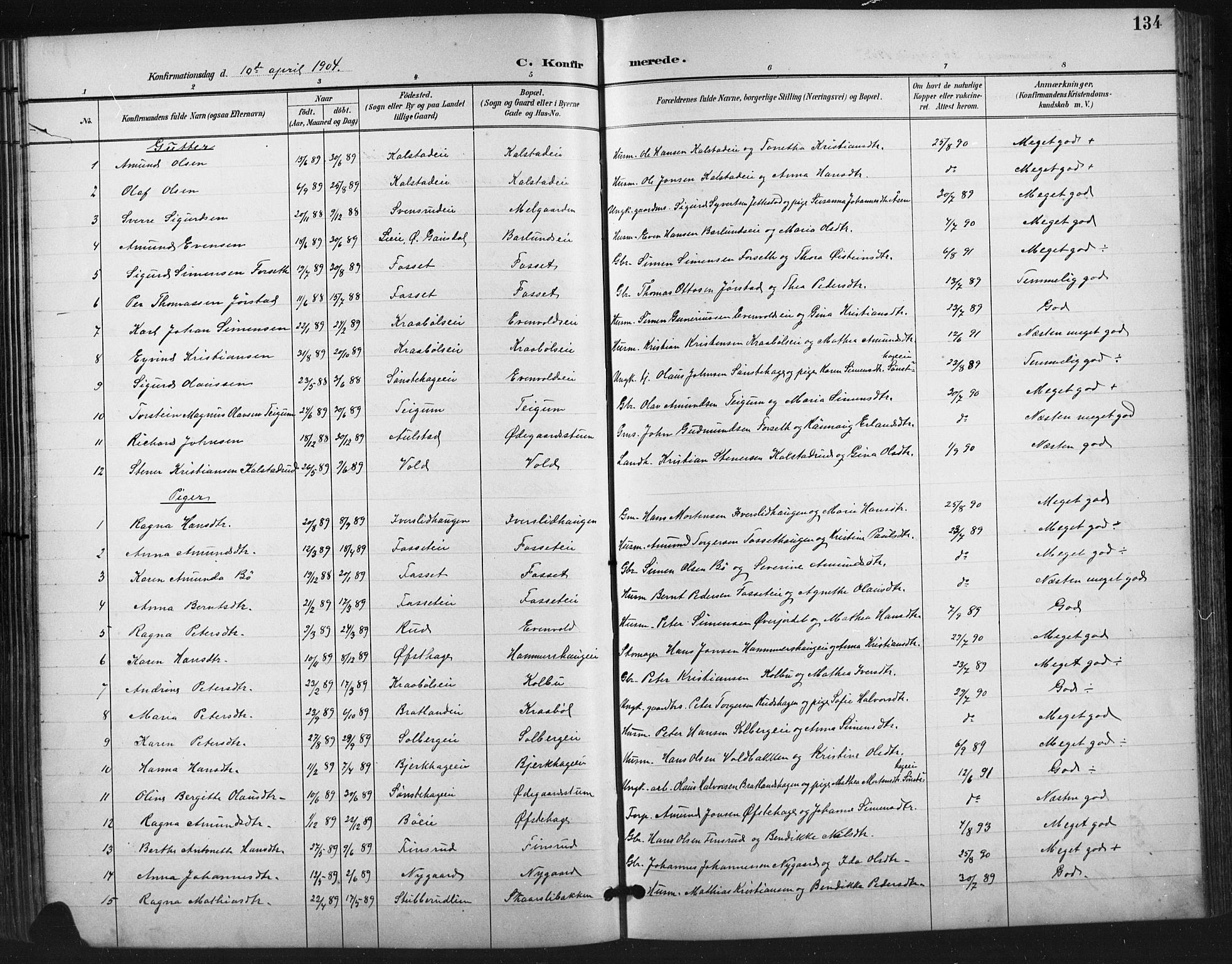 Vestre Gausdal prestekontor, AV/SAH-PREST-094/H/Ha/Hab/L0003: Klokkerbok nr. 3, 1896-1925, s. 134