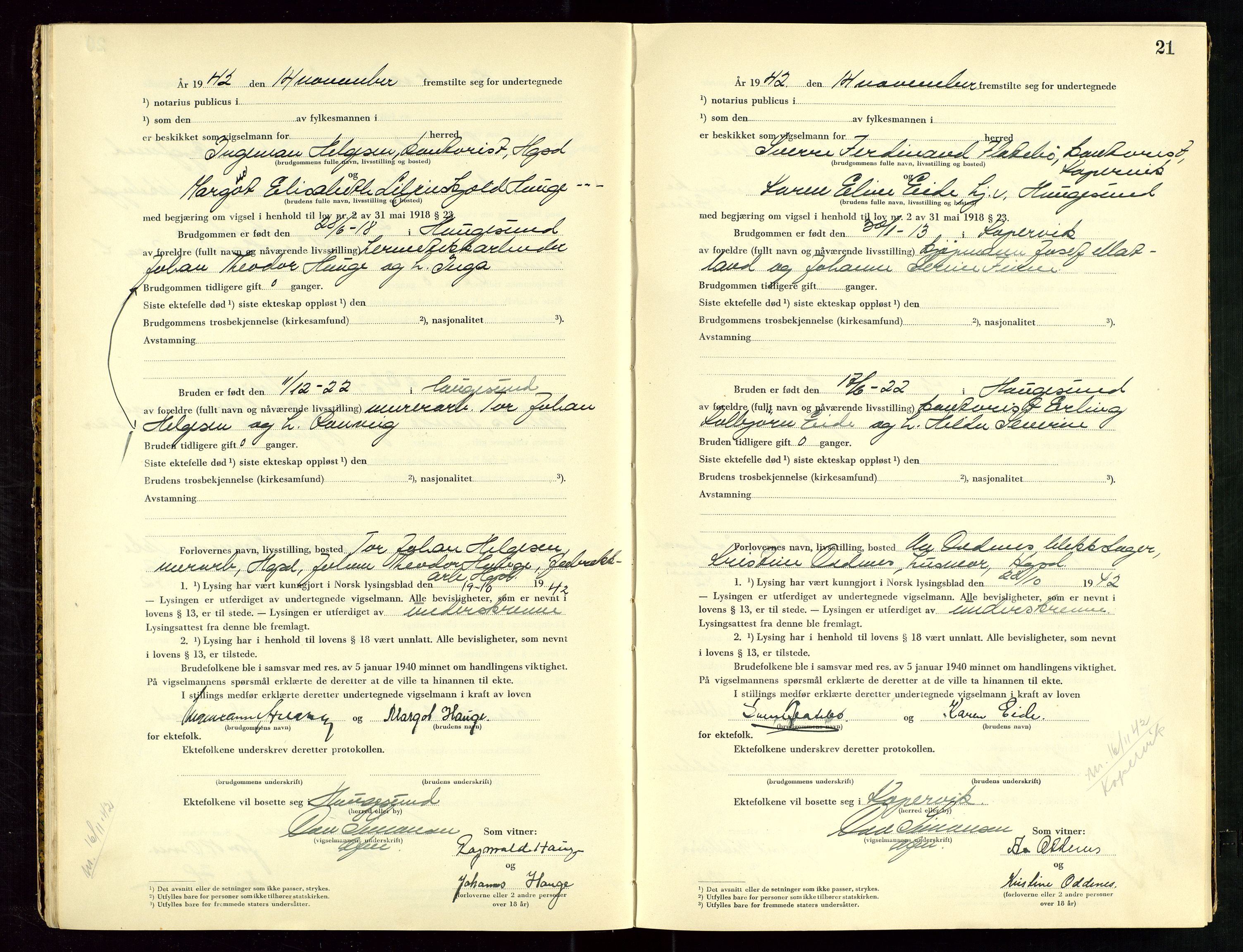 Haugesund tingrett, AV/SAST-A-101415/01/III/IIID/L0003: Vigselbok, 1942-1943, s. 21