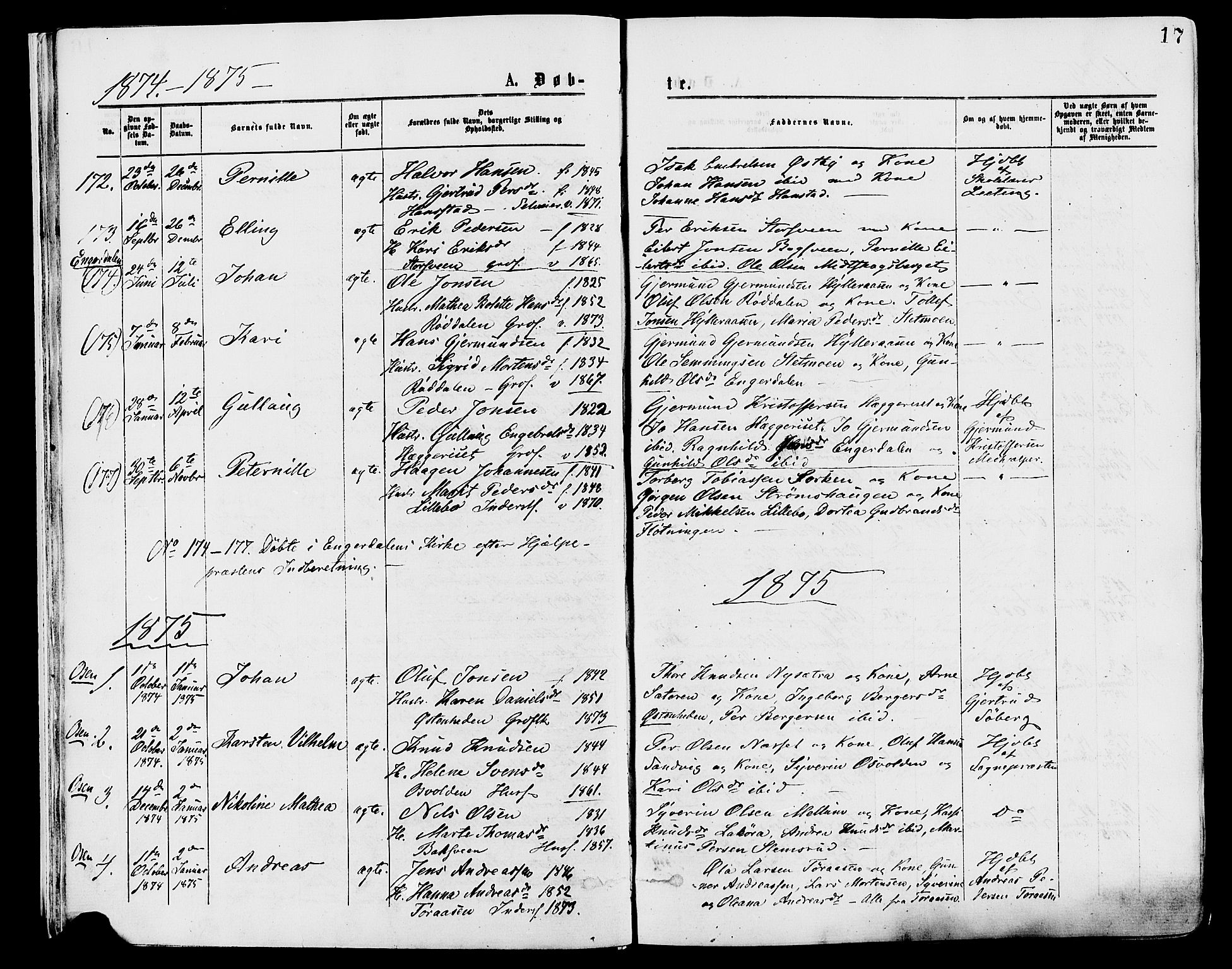 Trysil prestekontor, SAH/PREST-046/H/Ha/Haa/L0007: Ministerialbok nr. 7, 1874-1880, s. 17