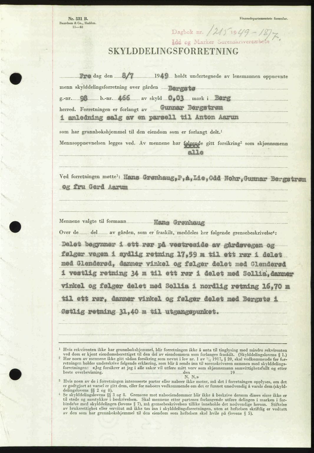 Idd og Marker sorenskriveri, SAO/A-10283/G/Gb/Gbb/L0012: Pantebok nr. A12, 1949-1949, Dagboknr: 1215/1949