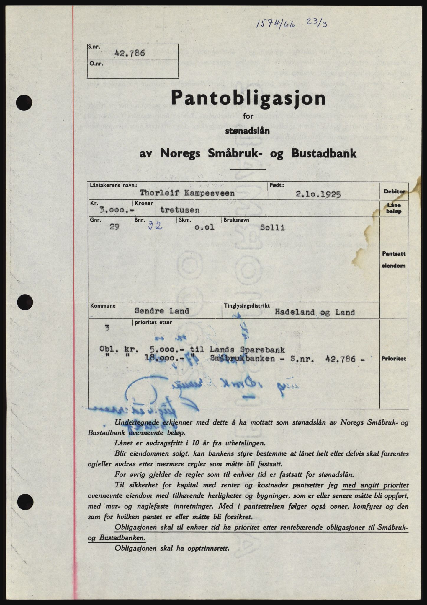 Hadeland og Land tingrett, SAH/TING-010/H/Hb/Hbc/L0062: Pantebok nr. B62, 1966-1966, Dagboknr: 1574/1966