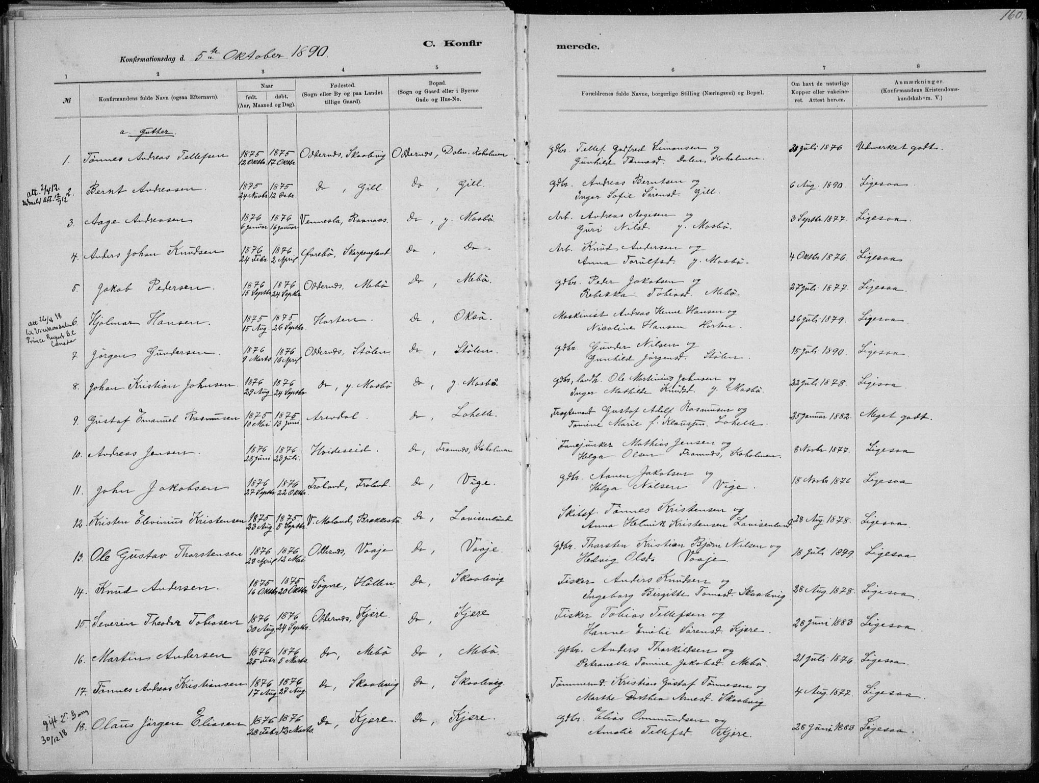 Oddernes sokneprestkontor, SAK/1111-0033/F/Fa/Faa/L0009: Ministerialbok nr. A 9, 1884-1896, s. 160