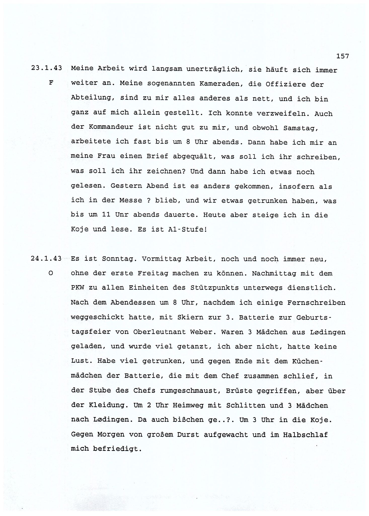 Dagbokopptegnelser av en tysk marineoffiser stasjonert i Norge , FMFB/A-1160/F/L0001: Dagbokopptegnelser av en tysk marineoffiser stasjonert i Norge, 1941-1944, s. 157