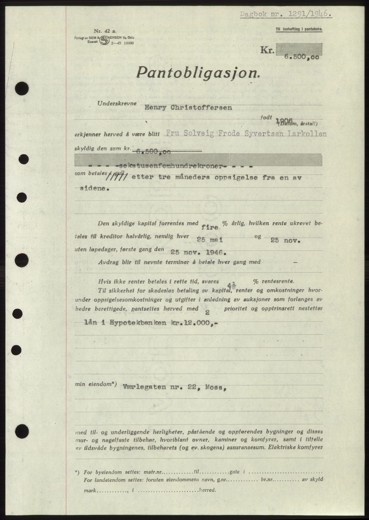 Moss sorenskriveri, SAO/A-10168: Pantebok nr. B15, 1946-1946, Dagboknr: 1291/1946