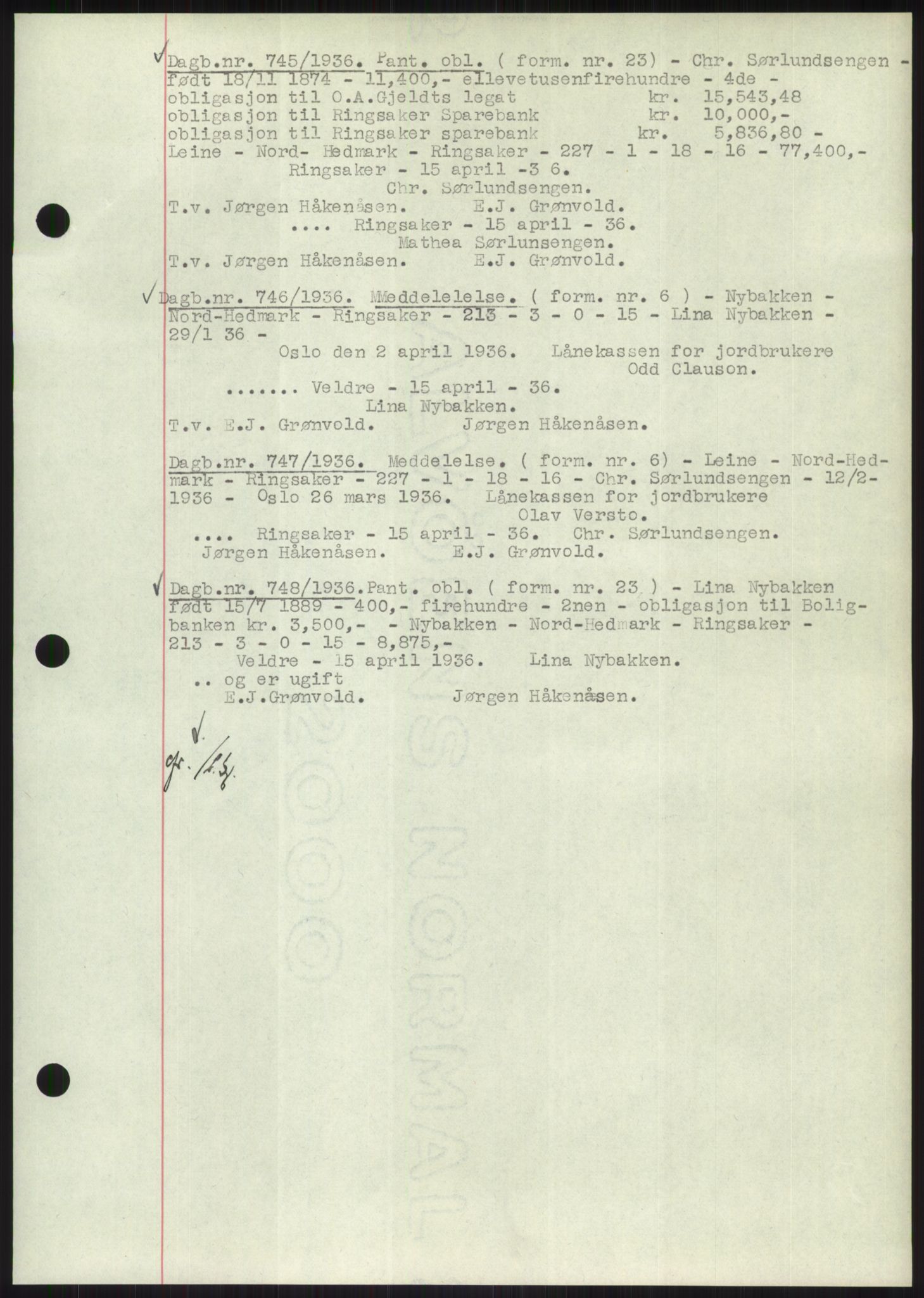 Nord-Hedmark sorenskriveri, SAH/TING-012/H/Hb/Hbf/L0001: Pantebok nr. B1, 1936-1936, Dagboknr: 745/1936