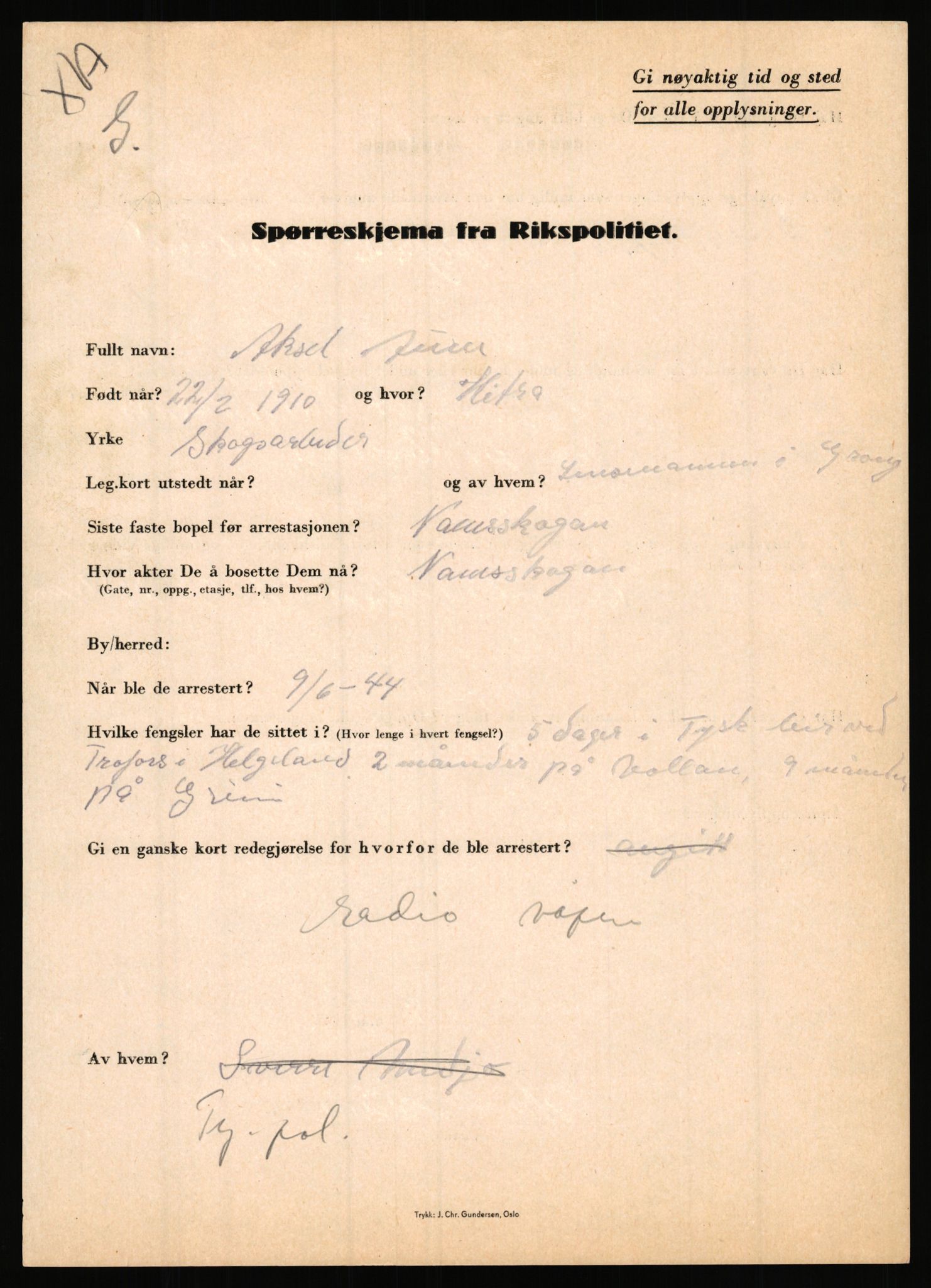 Rikspolitisjefen, AV/RA-S-1560/L/L0001: Abelseth, Rudolf - Berentsen, Odd, 1940-1945, s. 967