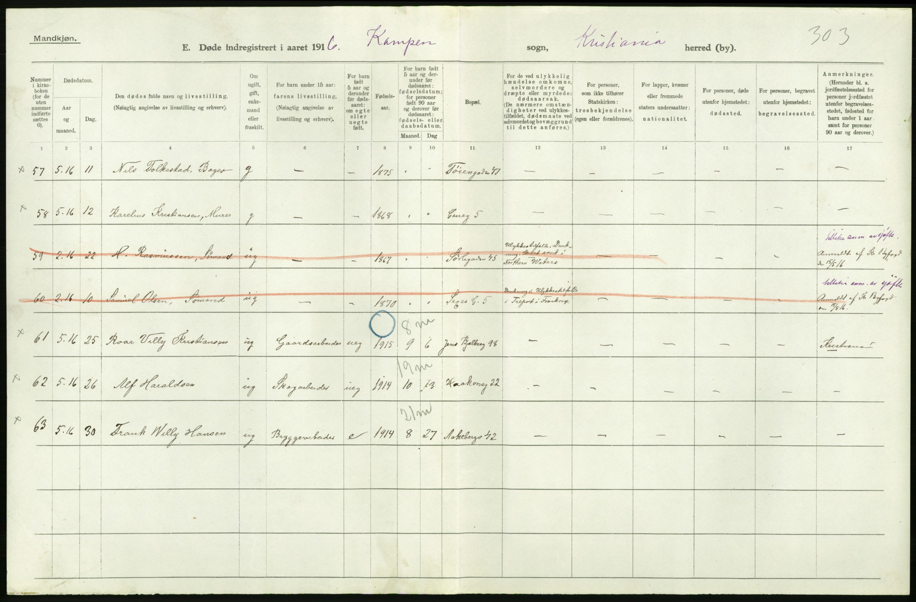 Statistisk sentralbyrå, Sosiodemografiske emner, Befolkning, RA/S-2228/D/Df/Dfb/Dfbf/L0009: Kristiania: Døde., 1916, s. 168