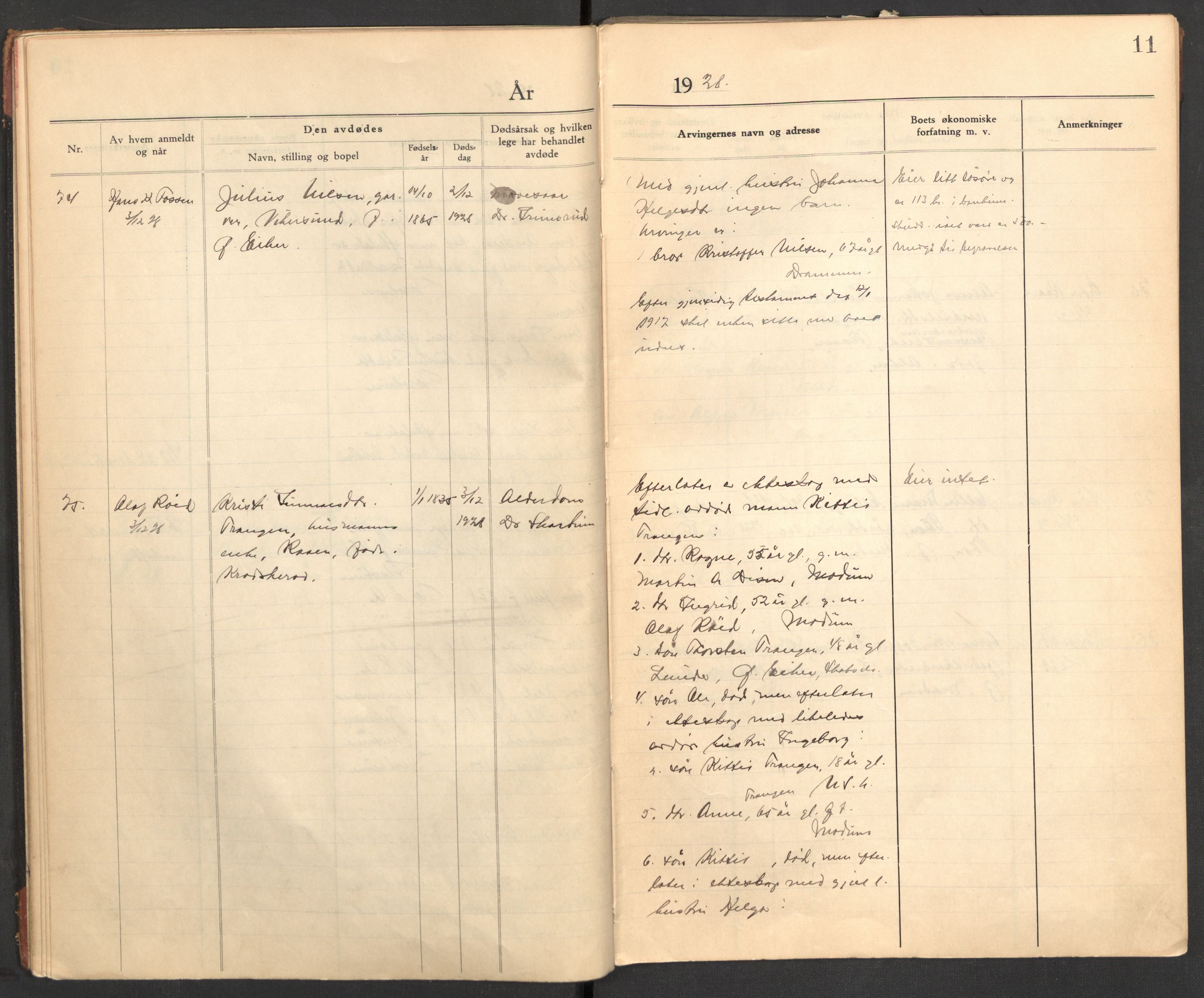 Modum lensmannskontor, AV/SAKO-A-524/H/Ha/Hab/L0006: Dødsfallsprotokoll - Nordre Modum, 1928-1932, s. 11