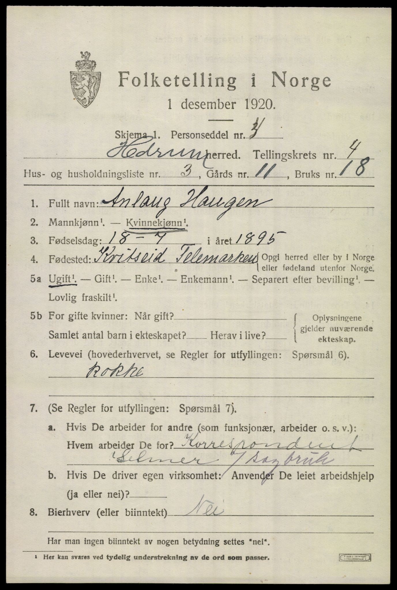 SAKO, Folketelling 1920 for 0727 Hedrum herred, 1920, s. 4039