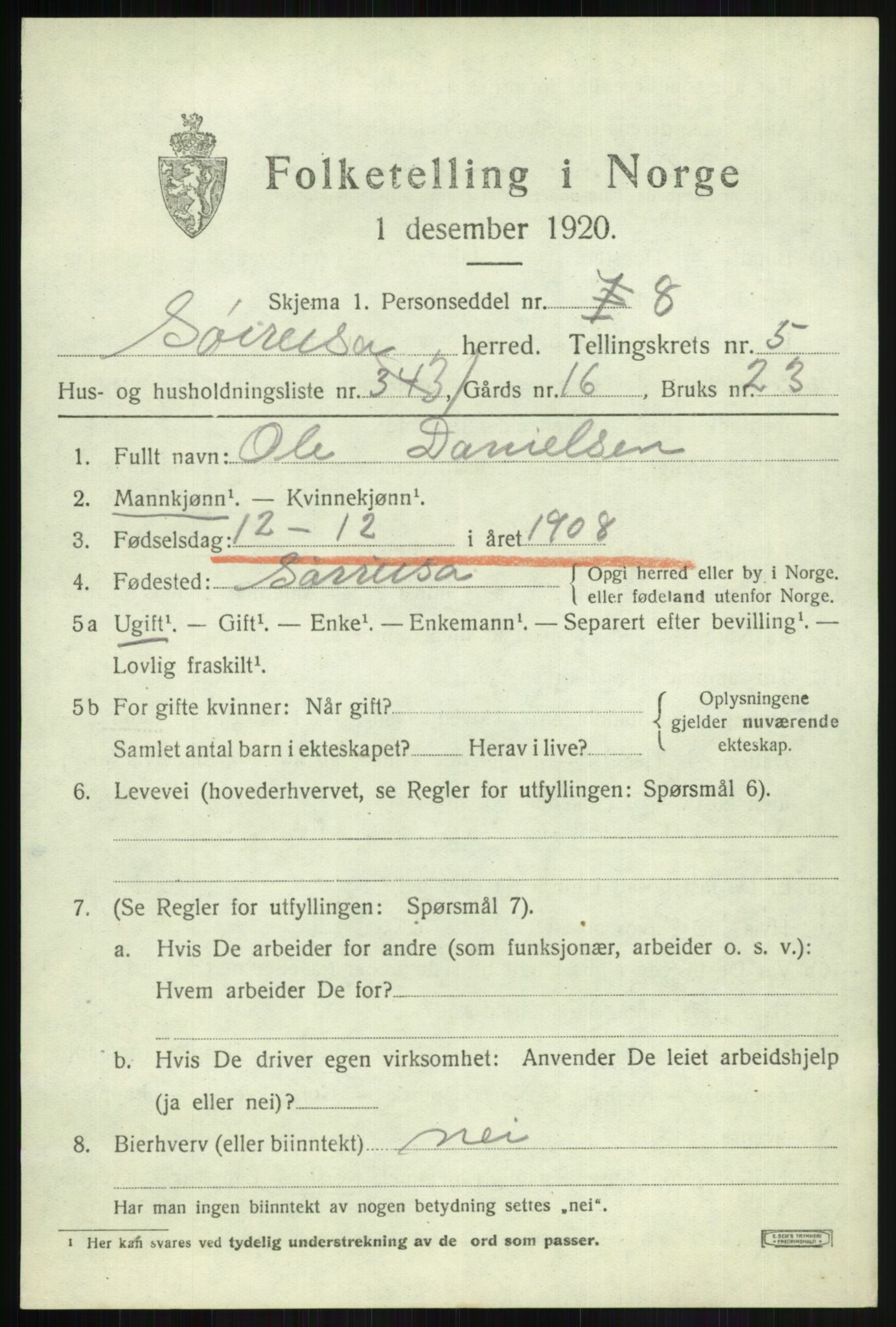 SATØ, Folketelling 1920 for 1925 Sørreisa herred, 1920, s. 2742