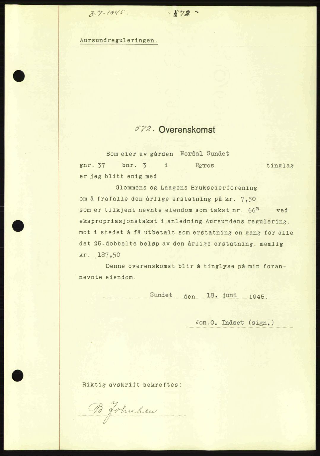 Gauldal sorenskriveri, SAT/A-0014/1/2/2C: Pantebok nr. A1a, 1945-1945, Dagboknr: 572/1945