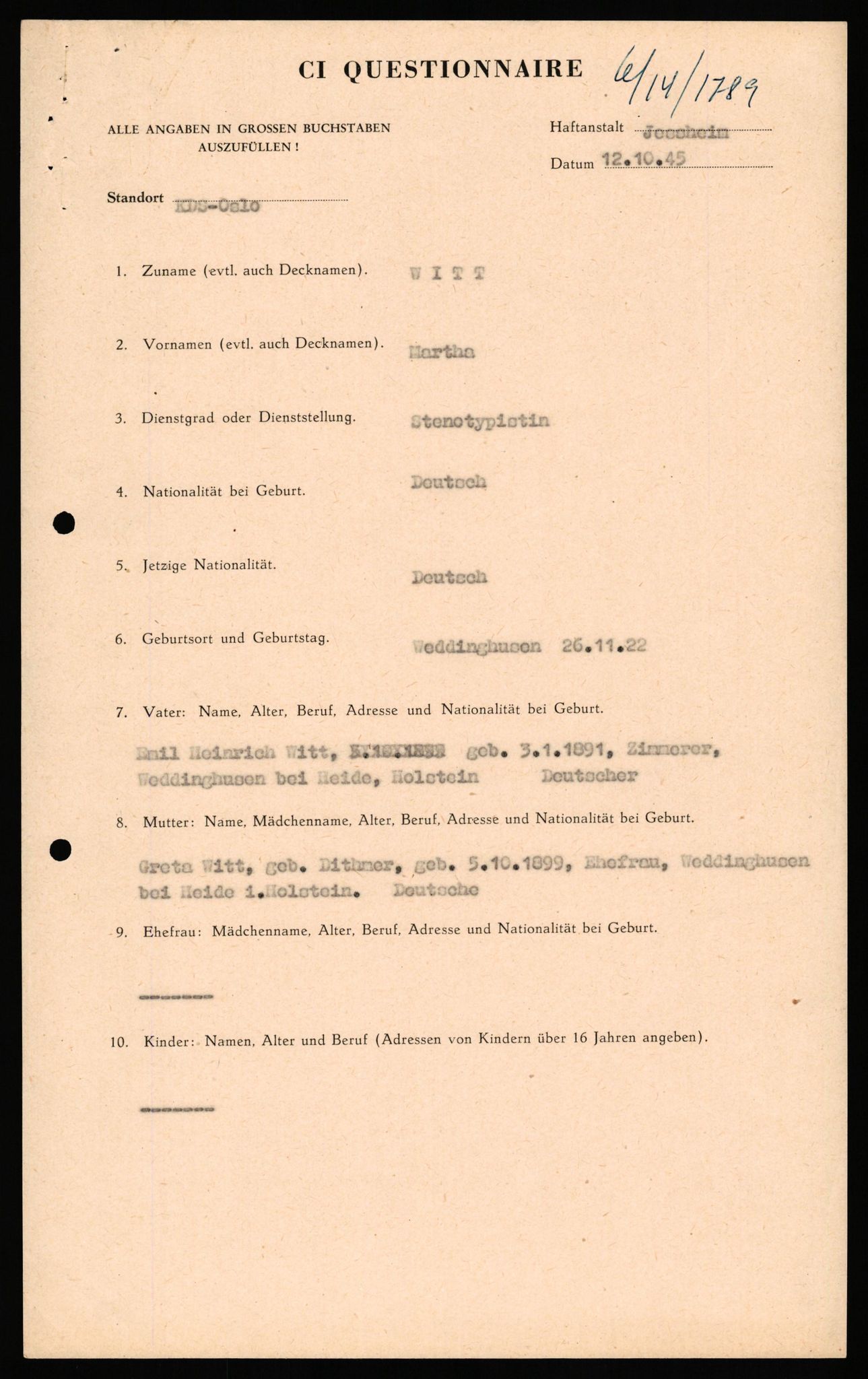 Forsvaret, Forsvarets overkommando II, AV/RA-RAFA-3915/D/Db/L0036: CI Questionaires. Tyske okkupasjonsstyrker i Norge. Tyskere., 1945-1946, s. 336