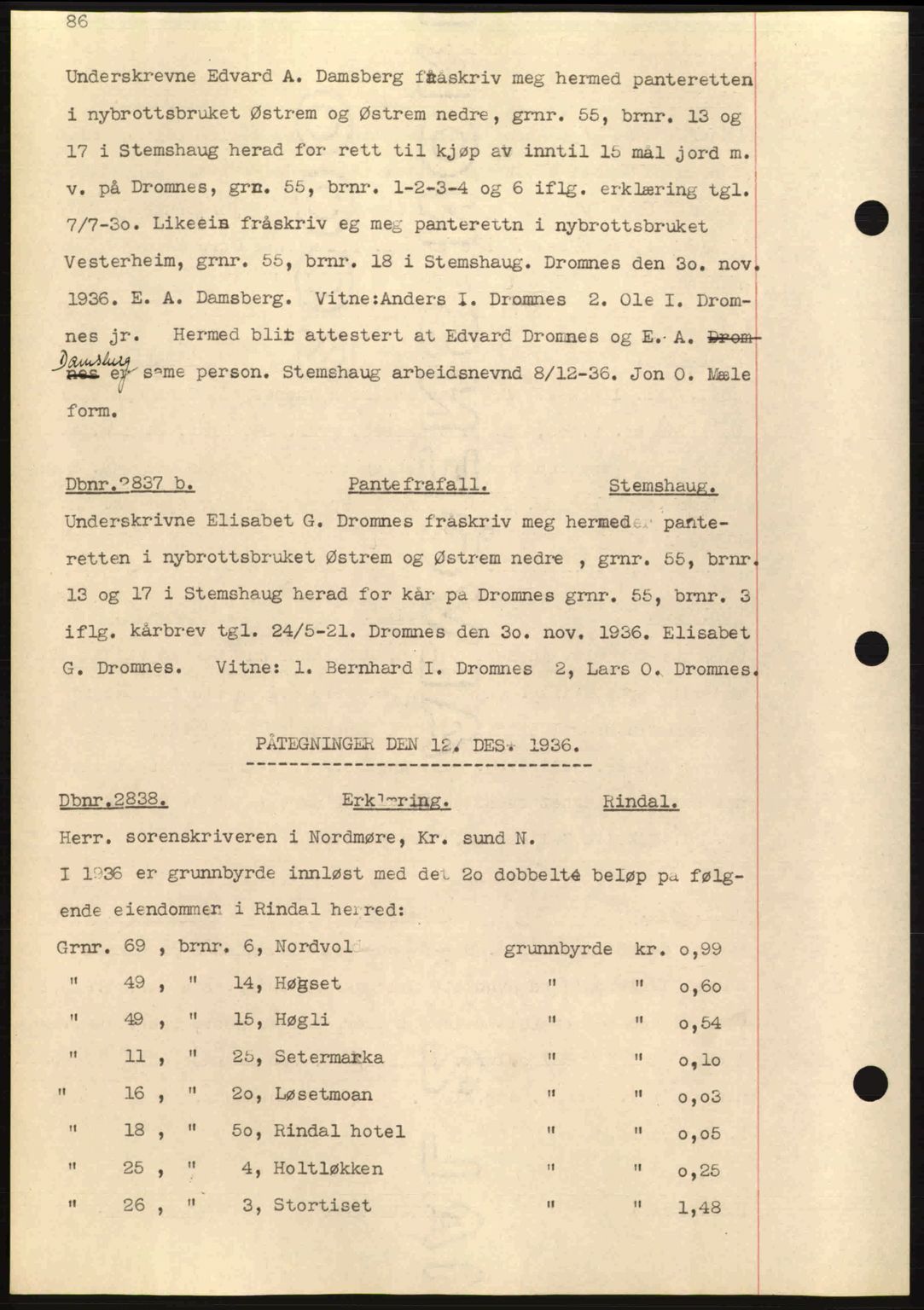 Nordmøre sorenskriveri, SAT/A-4132/1/2/2Ca: Pantebok nr. C80, 1936-1939, Dagboknr: 2837/1936