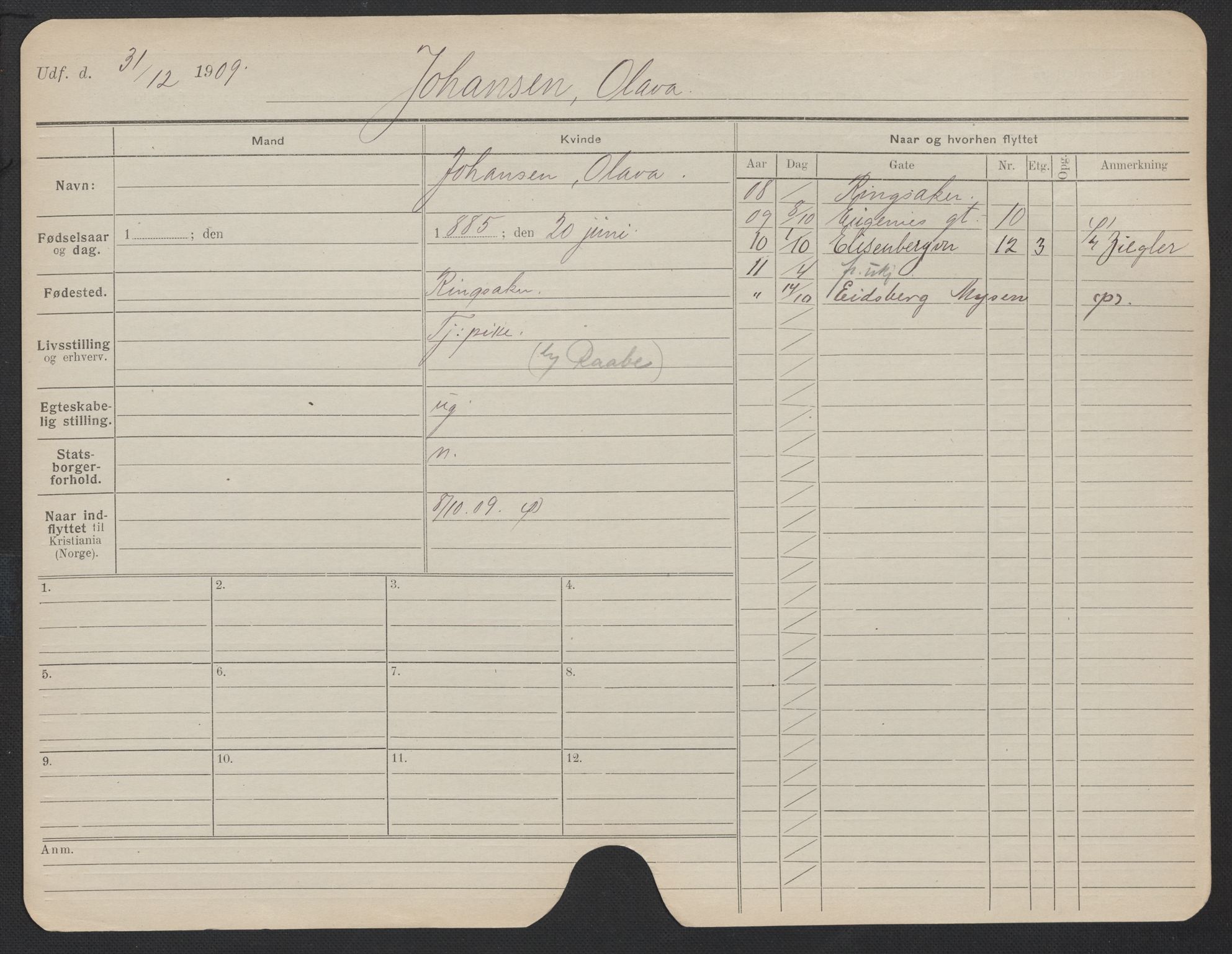 Oslo folkeregister, Registerkort, AV/SAO-A-11715/F/Fa/Fac/L0018: Kvinner, 1906-1914, s. 350a