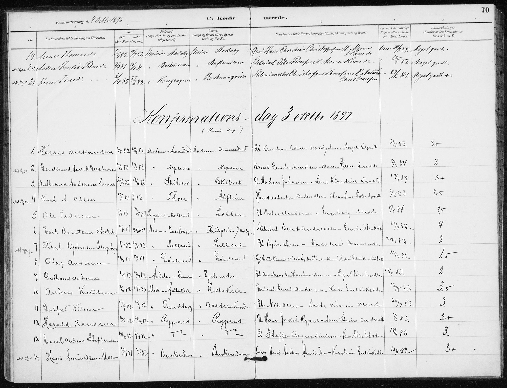 Modum kirkebøker, AV/SAKO-A-234/F/Fa/L0016: Ministerialbok nr. 16, 1890-1899, s. 70