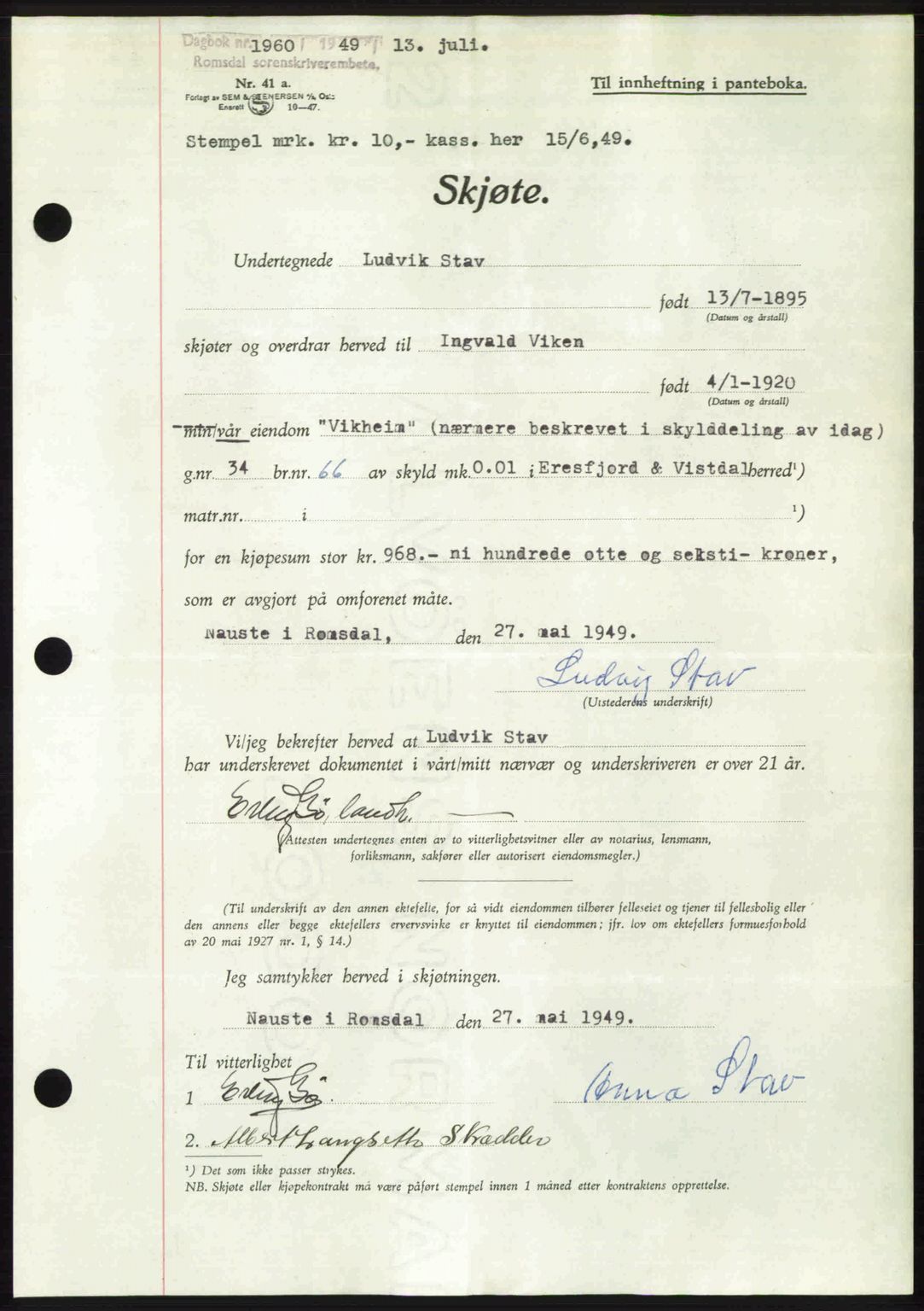 Romsdal sorenskriveri, AV/SAT-A-4149/1/2/2C: Pantebok nr. A30, 1949-1949, Dagboknr: 1960/1949