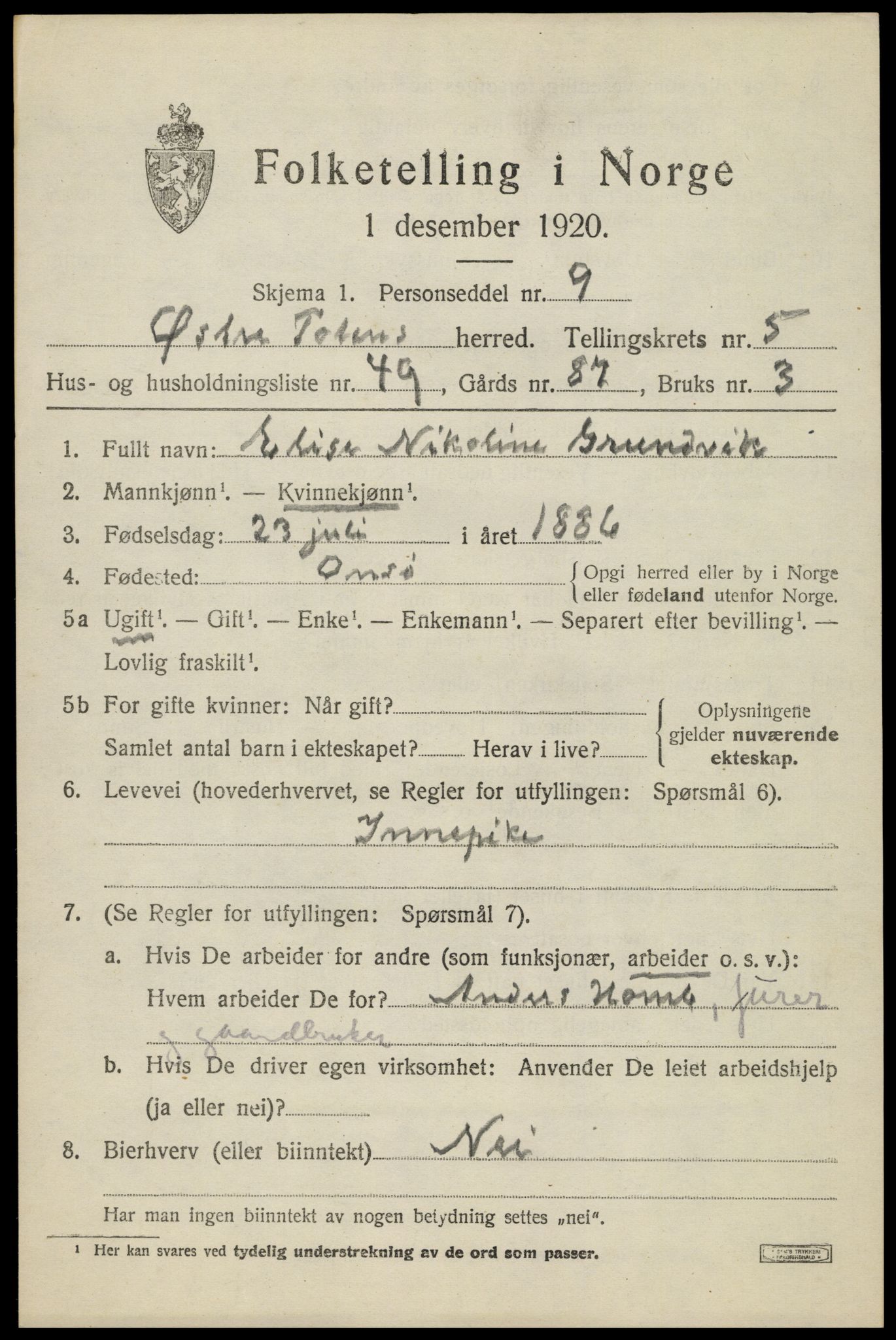 SAH, Folketelling 1920 for 0528 Østre Toten herred, 1920, s. 11366