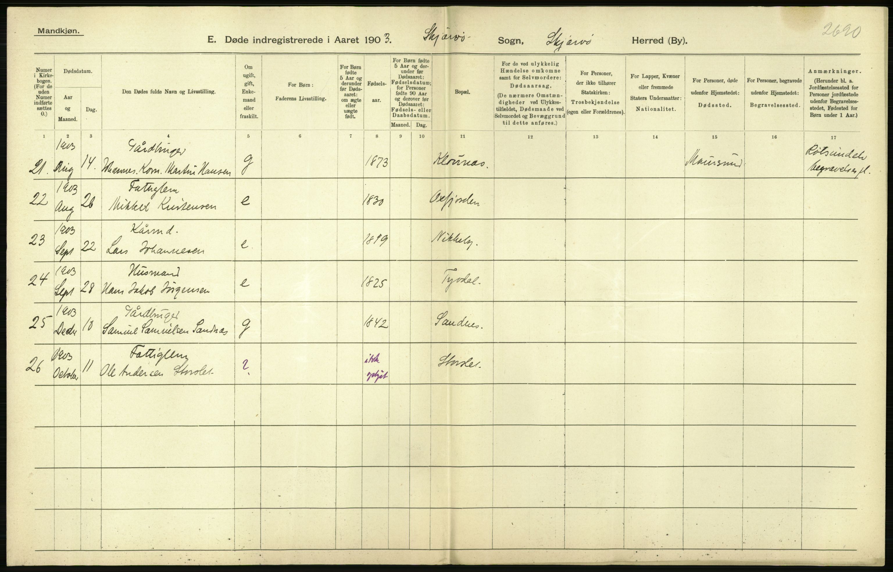 Statistisk sentralbyrå, Sosiodemografiske emner, Befolkning, RA/S-2228/D/Df/Dfa/Dfaa/L0021: Tromsø amt: Fødte, gifte, døde., 1903, s. 386