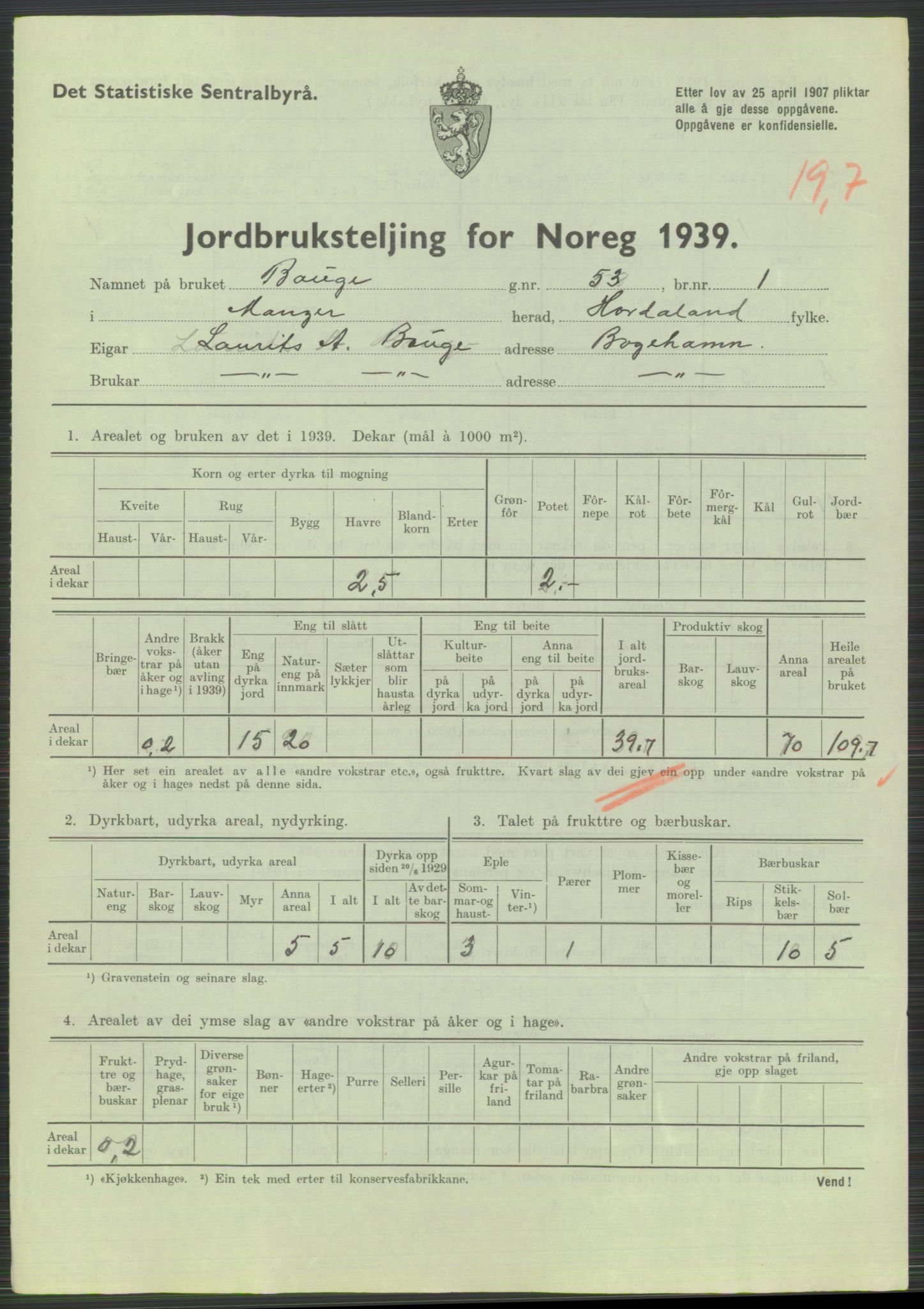 Statistisk sentralbyrå, Næringsøkonomiske emner, Jordbruk, skogbruk, jakt, fiske og fangst, AV/RA-S-2234/G/Gb/L0211: Hordaland: Herdla, Hjelme og Manger, 1939, s. 1669