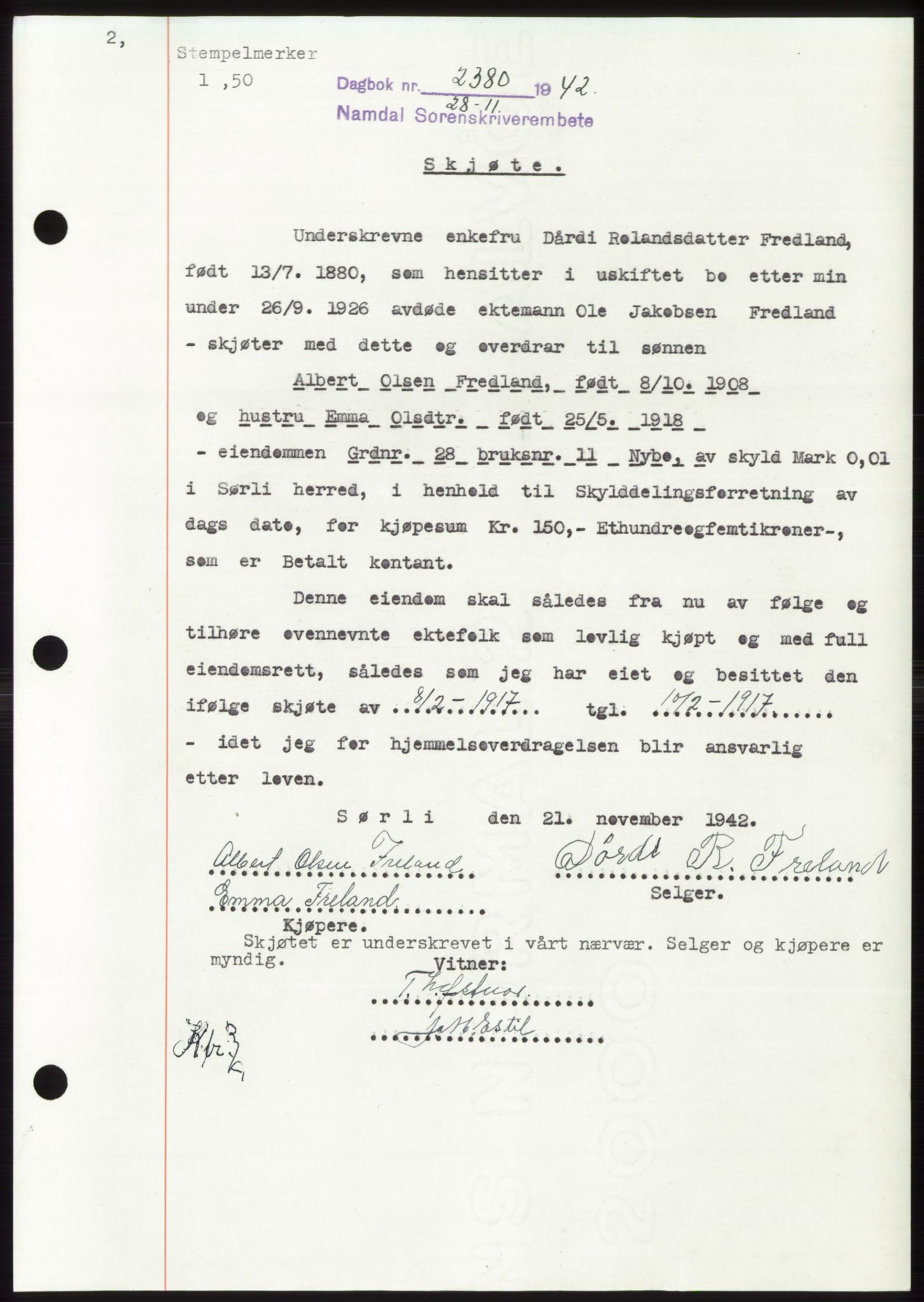 Namdal sorenskriveri, SAT/A-4133/1/2/2C: Pantebok nr. -, 1942-1943, Dagboknr: 2380/1942