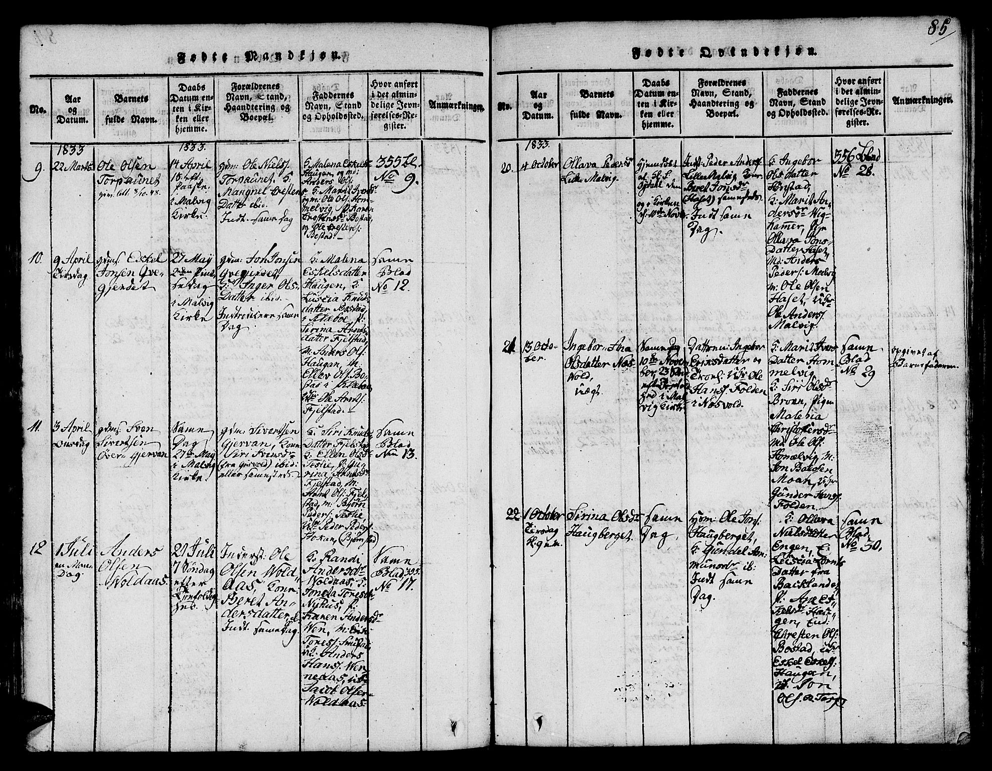 Ministerialprotokoller, klokkerbøker og fødselsregistre - Sør-Trøndelag, SAT/A-1456/616/L0420: Klokkerbok nr. 616C03, 1817-1835, s. 85