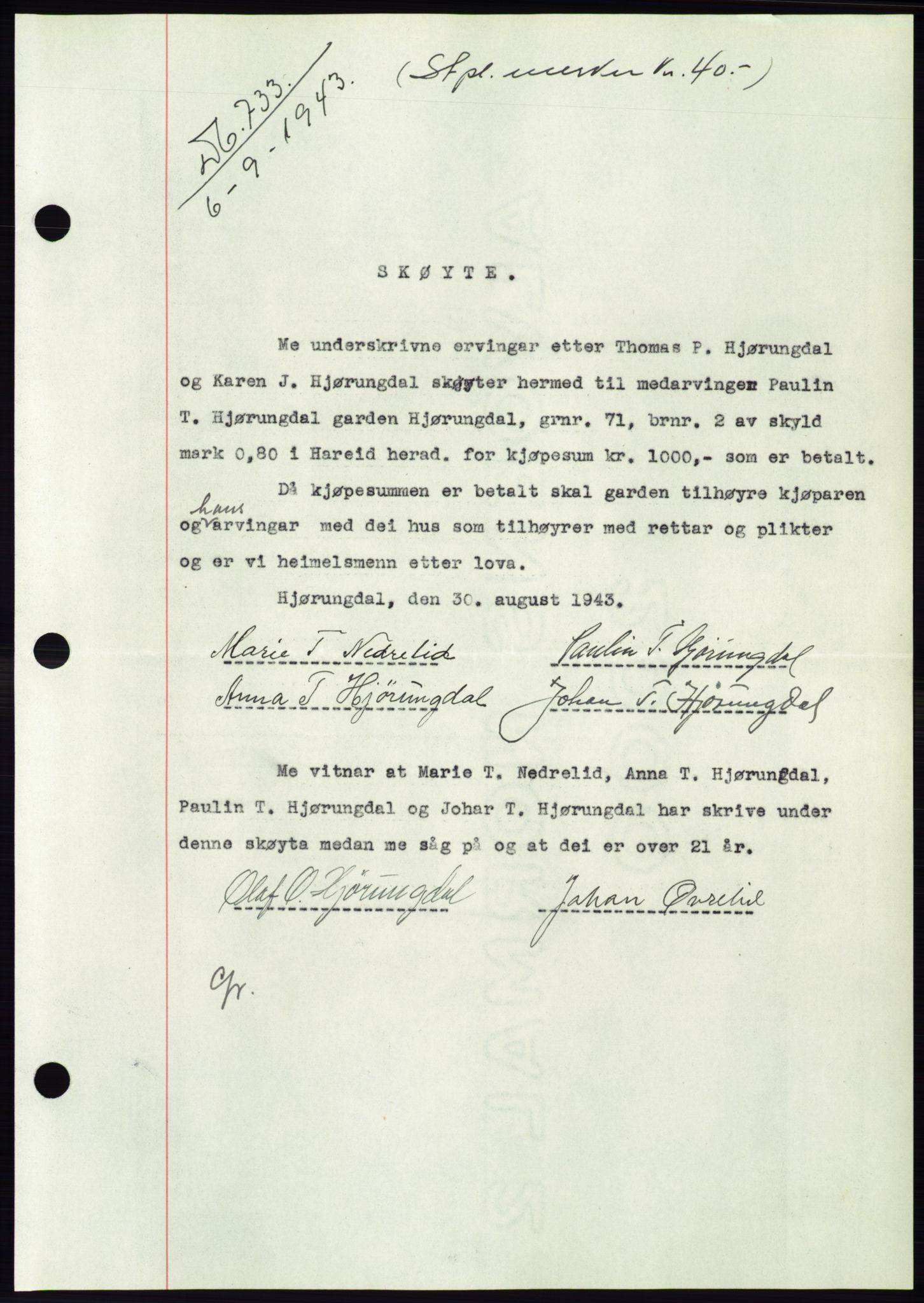 Søre Sunnmøre sorenskriveri, AV/SAT-A-4122/1/2/2C/L0075: Pantebok nr. 1A, 1943-1943, Dagboknr: 733/1943