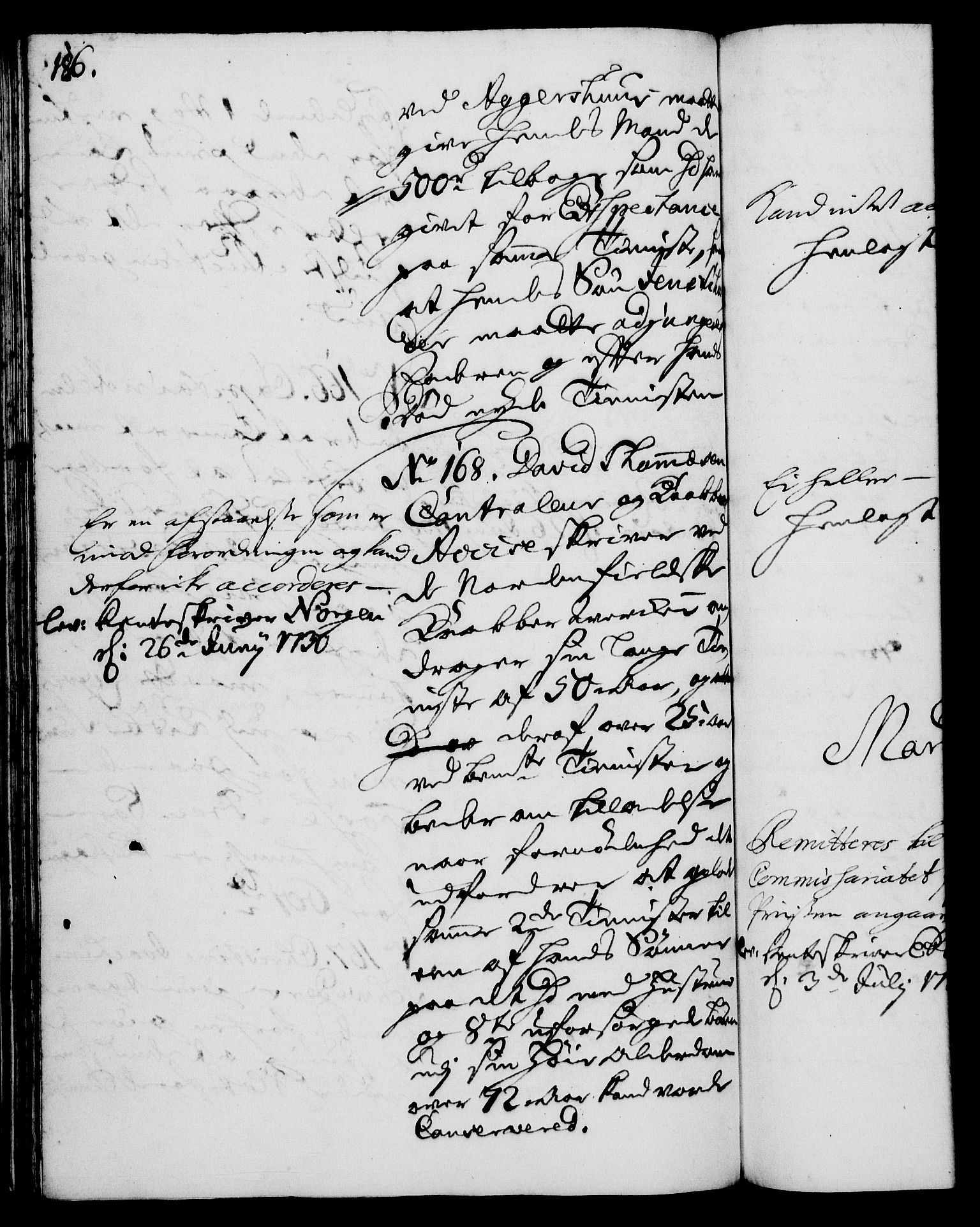 Rentekammeret, Kammerkanselliet, RA/EA-3111/G/Gh/Gha/L0012: Norsk ekstraktmemorialprotokoll (merket RK 53.57), 1730, s. 186