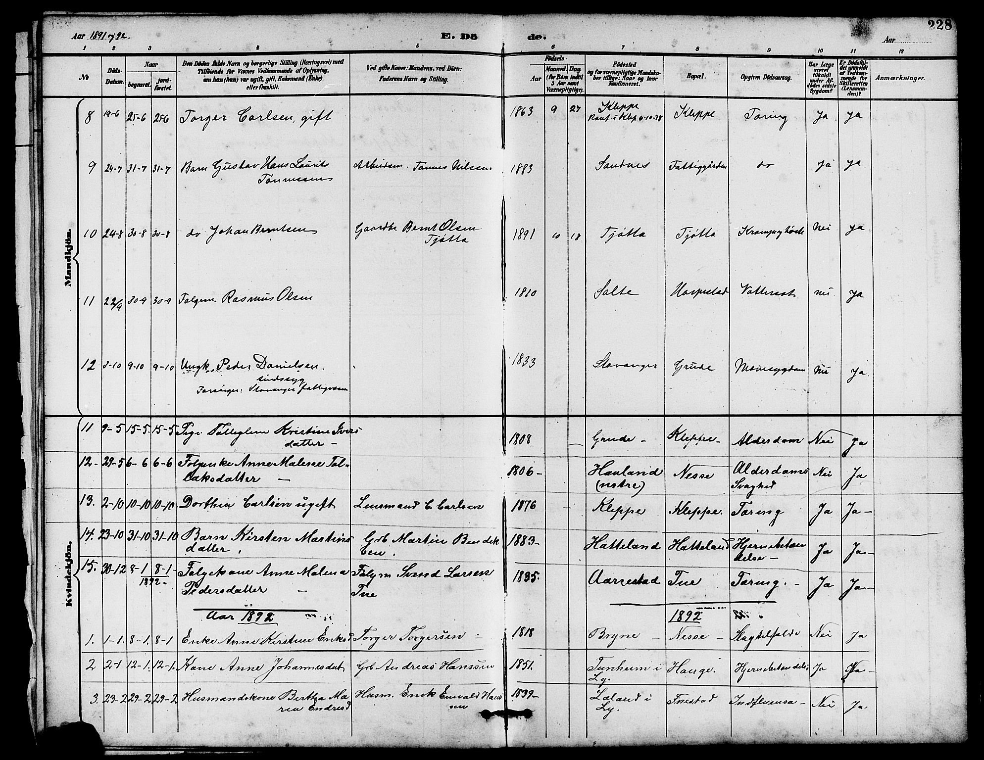 Klepp sokneprestkontor, AV/SAST-A-101803/001/3/30BB/L0004: Klokkerbok nr. B 4, 1889-1914, s. 228