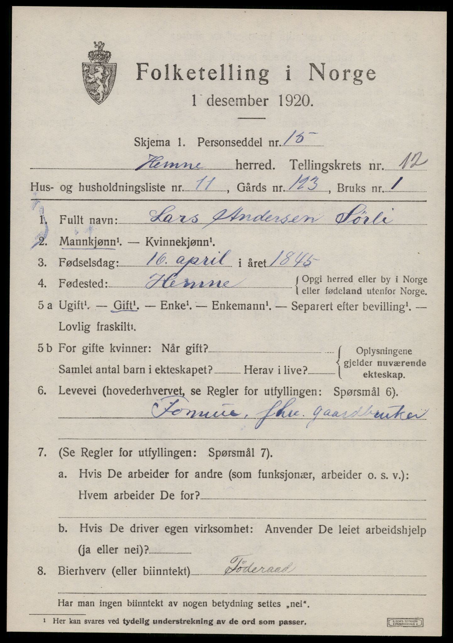 SAT, Folketelling 1920 for 1612 Hemne herred, 1920, s. 7202