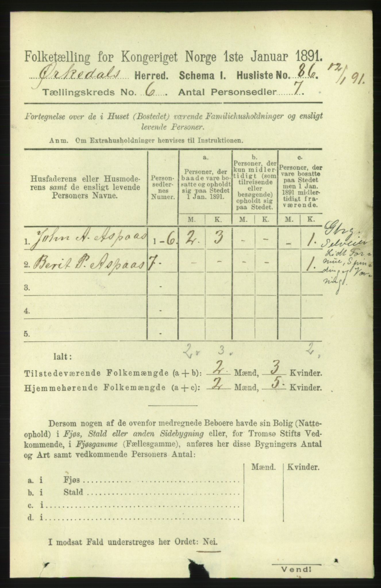 RA, Folketelling 1891 for 1638 Orkdal herred, 1891, s. 2853