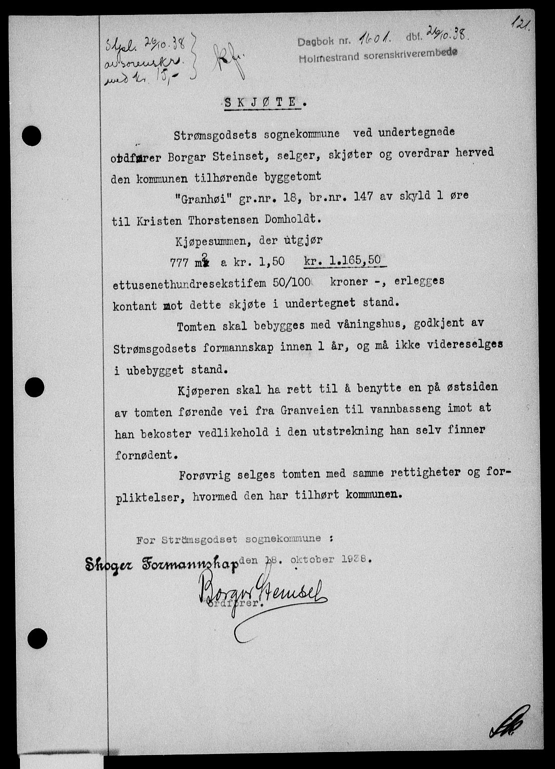 Holmestrand sorenskriveri, SAKO/A-67/G/Ga/Gaa/L0050: Pantebok nr. A-50, 1938-1939, Dagboknr: 1601/1938