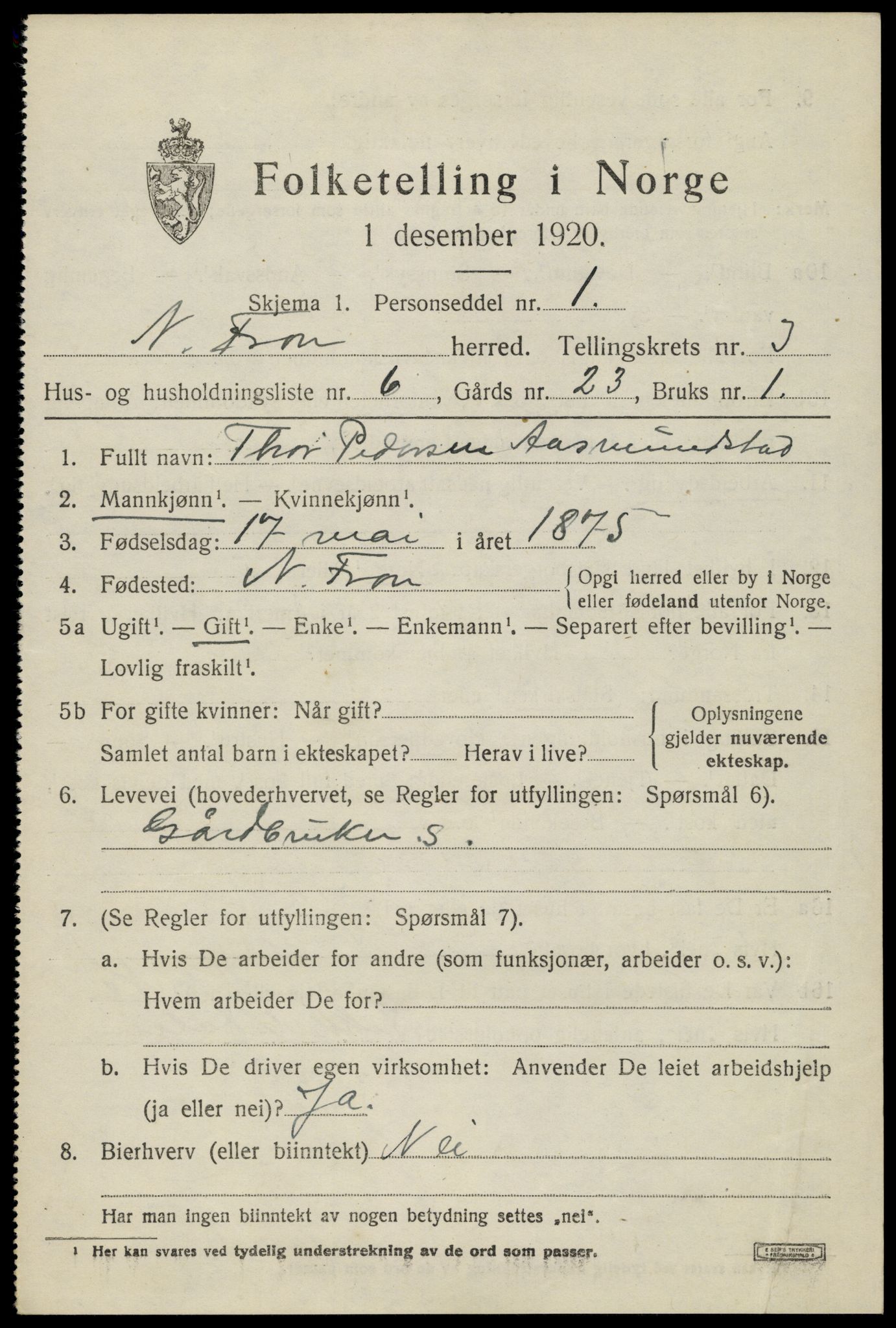 SAH, Folketelling 1920 for 0518 Nord-Fron herred, 1920, s. 3108