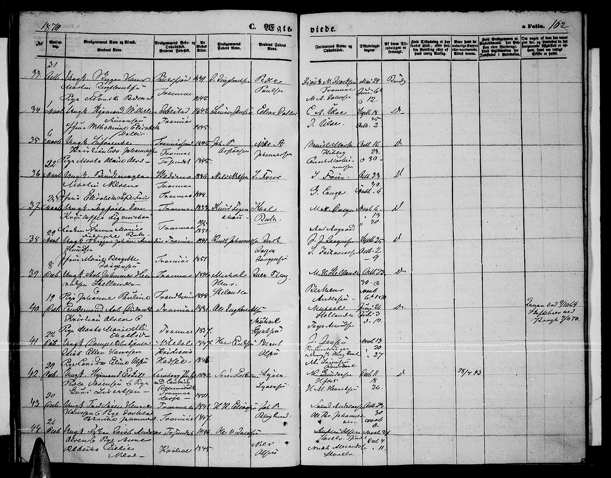 Tromsø sokneprestkontor/stiftsprosti/domprosti, AV/SATØ-S-1343/G/Gb/L0007klokker: Klokkerbok nr. 7, 1867-1875, s. 162