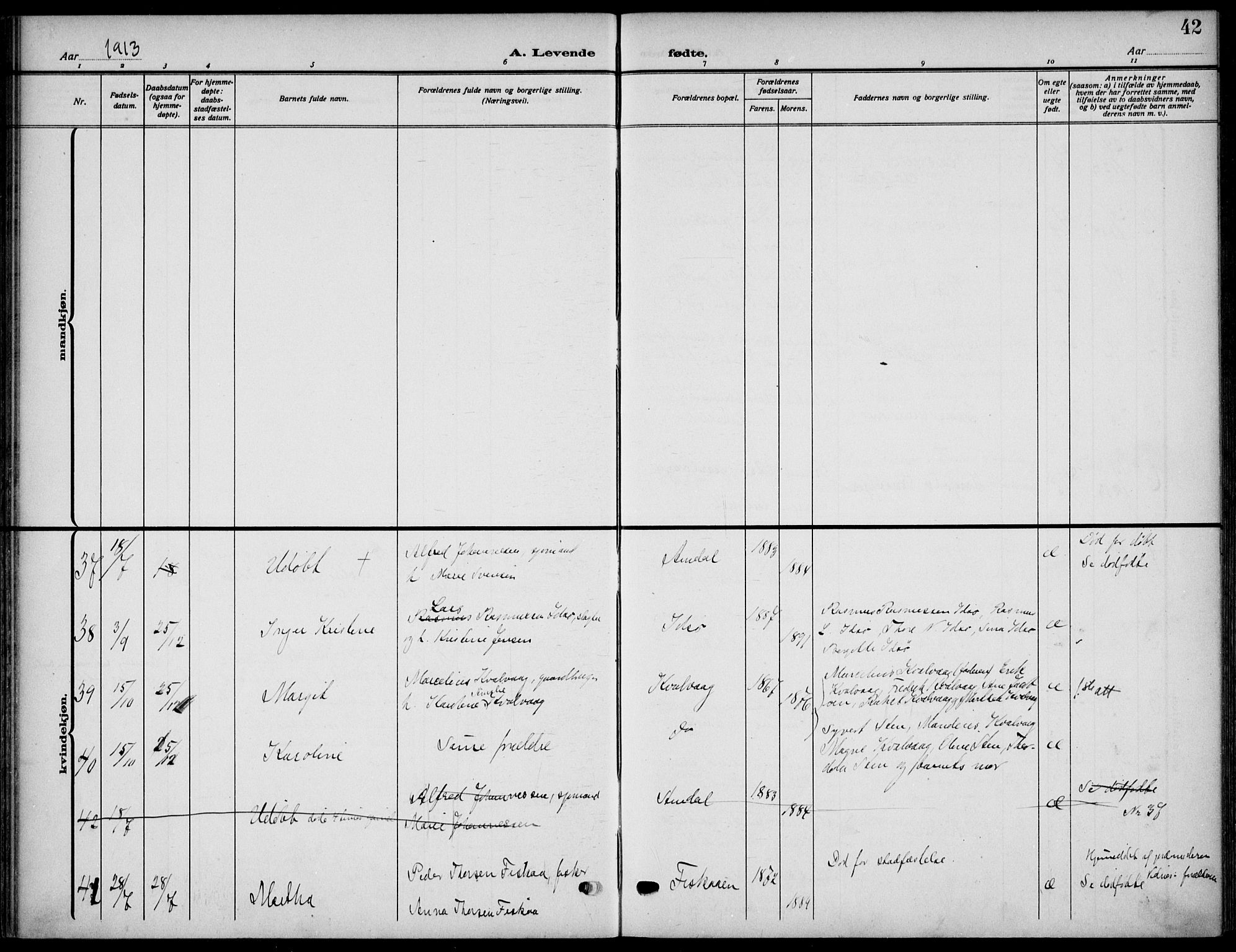 Strand sokneprestkontor, AV/SAST-A-101828/H/Ha/Haa/L0011: Ministerialbok nr. A 11, 1908-1930, s. 42