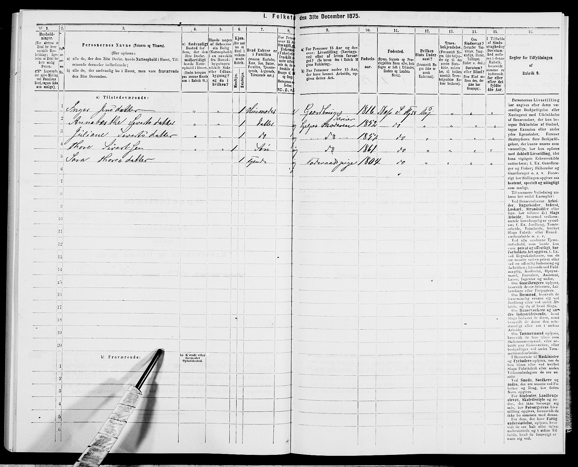 SAK, Folketelling 1875 for 1042L Flekkefjord prestegjeld, Nes sokn og Hidra sokn, 1875, s. 1210